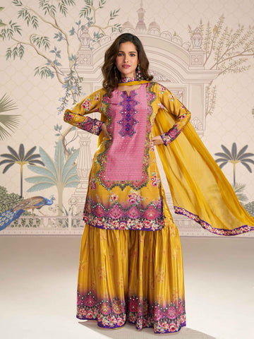 Yellow Embellished Mirror Work Sharara Suit