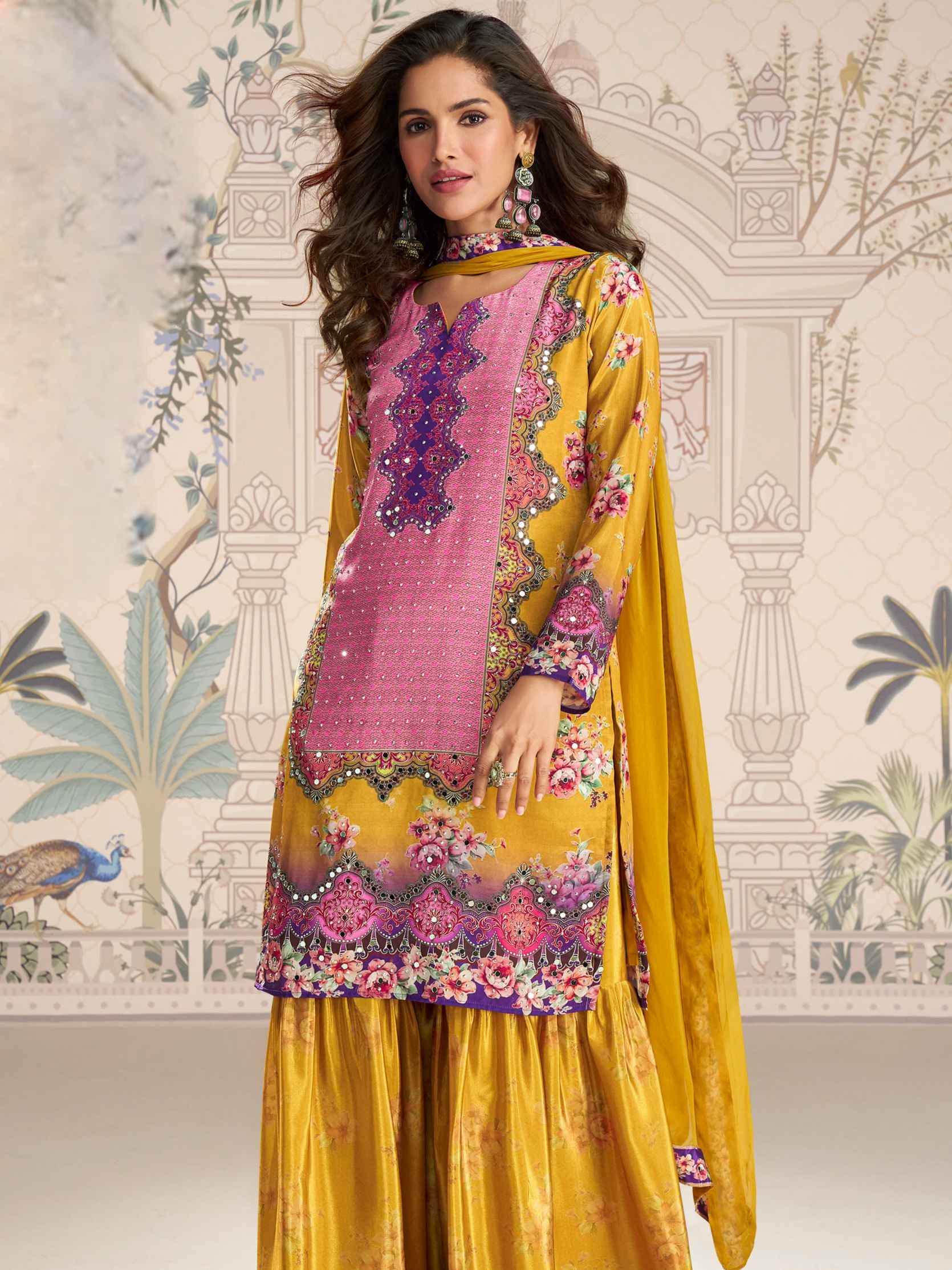Yellow Embellished Mirror Work Sharara Suit