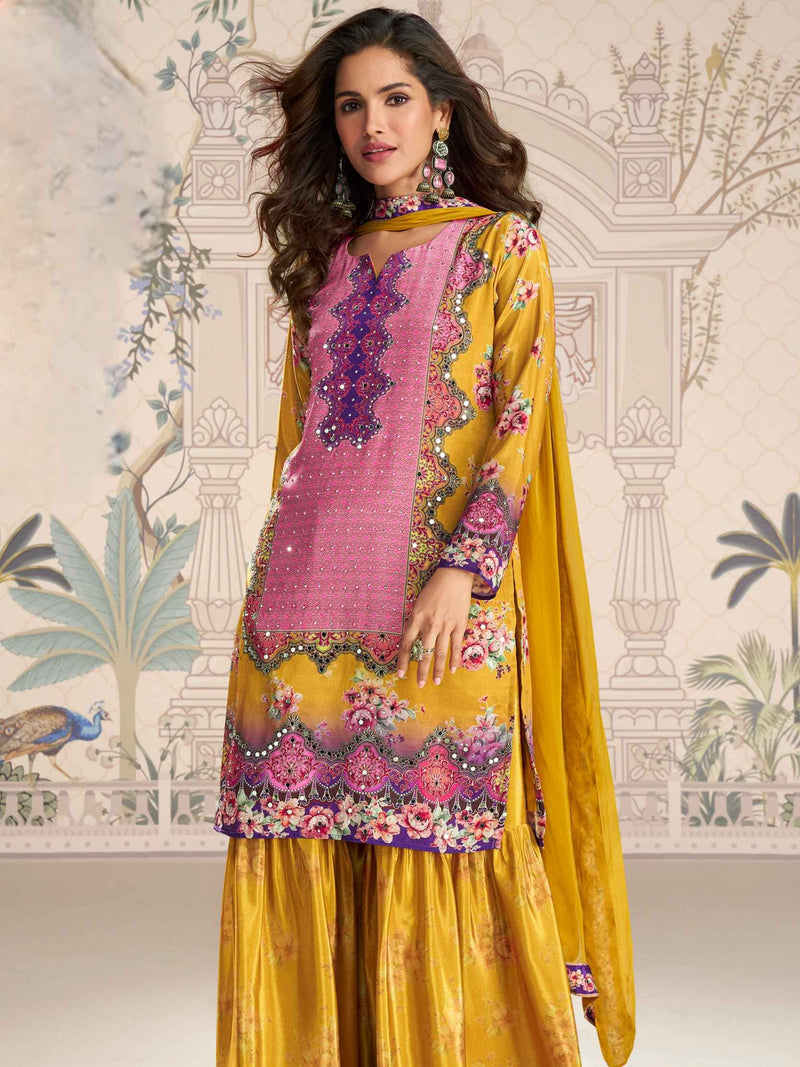 Yellow Embellished Mirror Work Sharara Suit