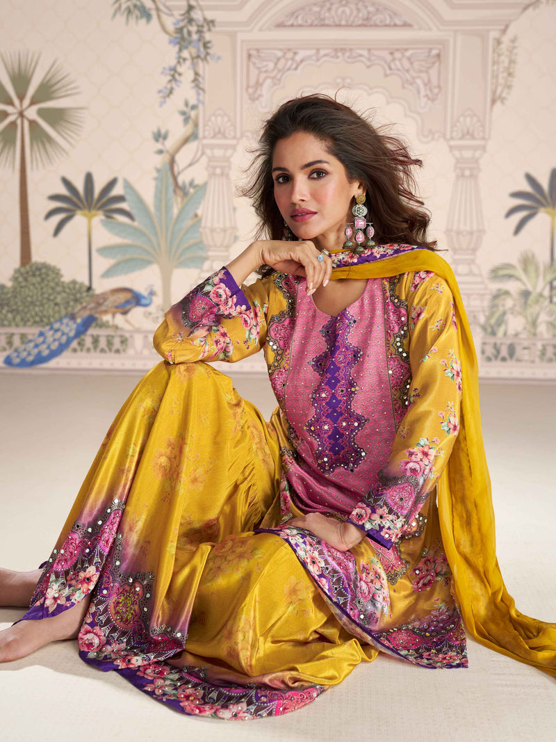 Yellow Embellished Mirror Work Sharara Suit
