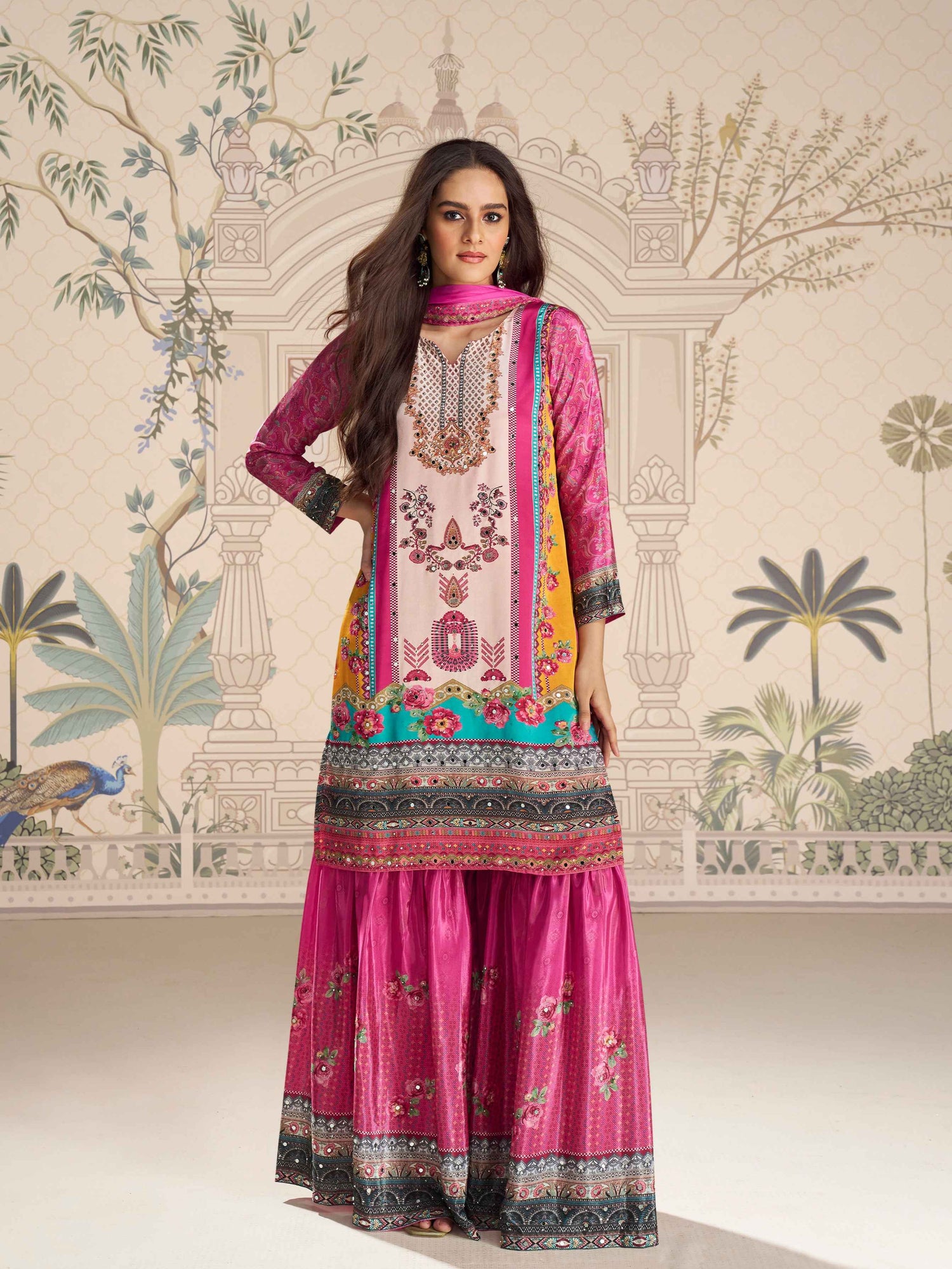 Pink Mirror Work Designer Sharara Suit in Premium Crepe Silk Sharara Suit Anant Tex Exports Pvt.Ltd..