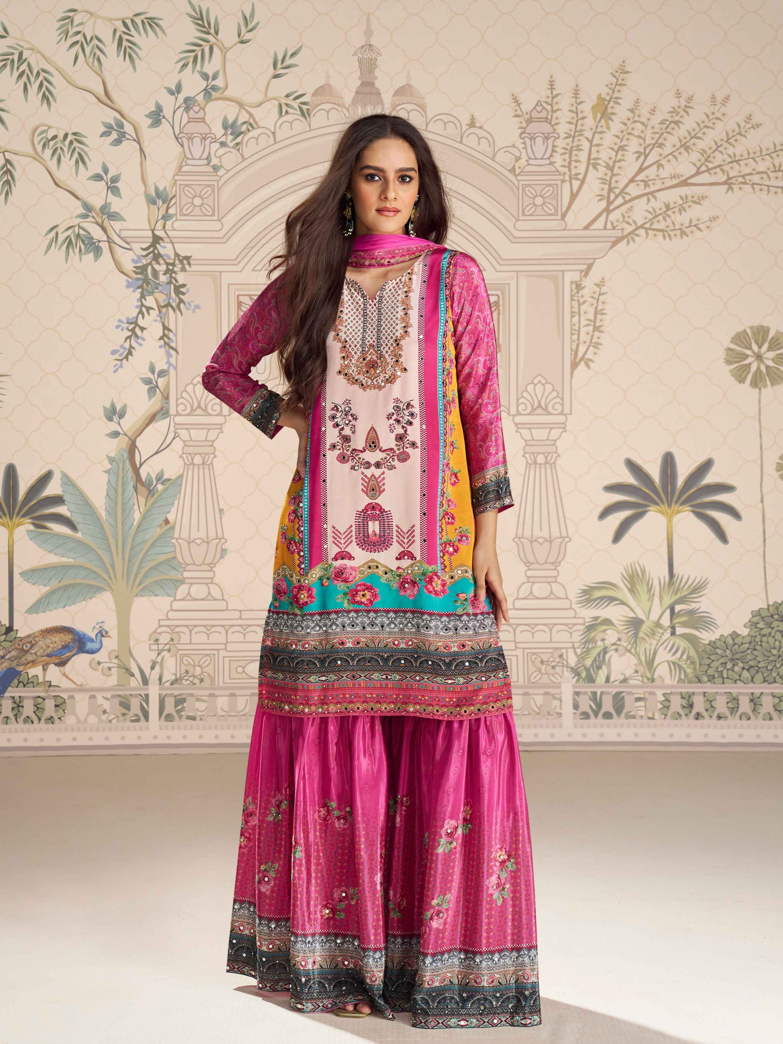 Pink Mirror Work Designer Sharara Suit in Premium Crepe Silk Sharara Suit Anant Tex Exports Pvt.Ltd..