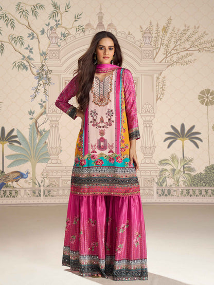 Pink Mirror Work Designer Sharara Suit in Premium Crepe Silk Sharara Suit Anant Tex Exports Pvt.Ltd..