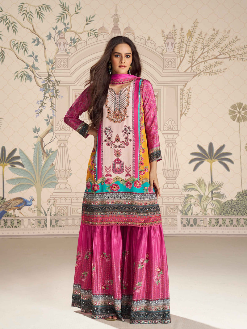 Pink Mirror Work Designer Sharara Suit in Premium Crepe Silk