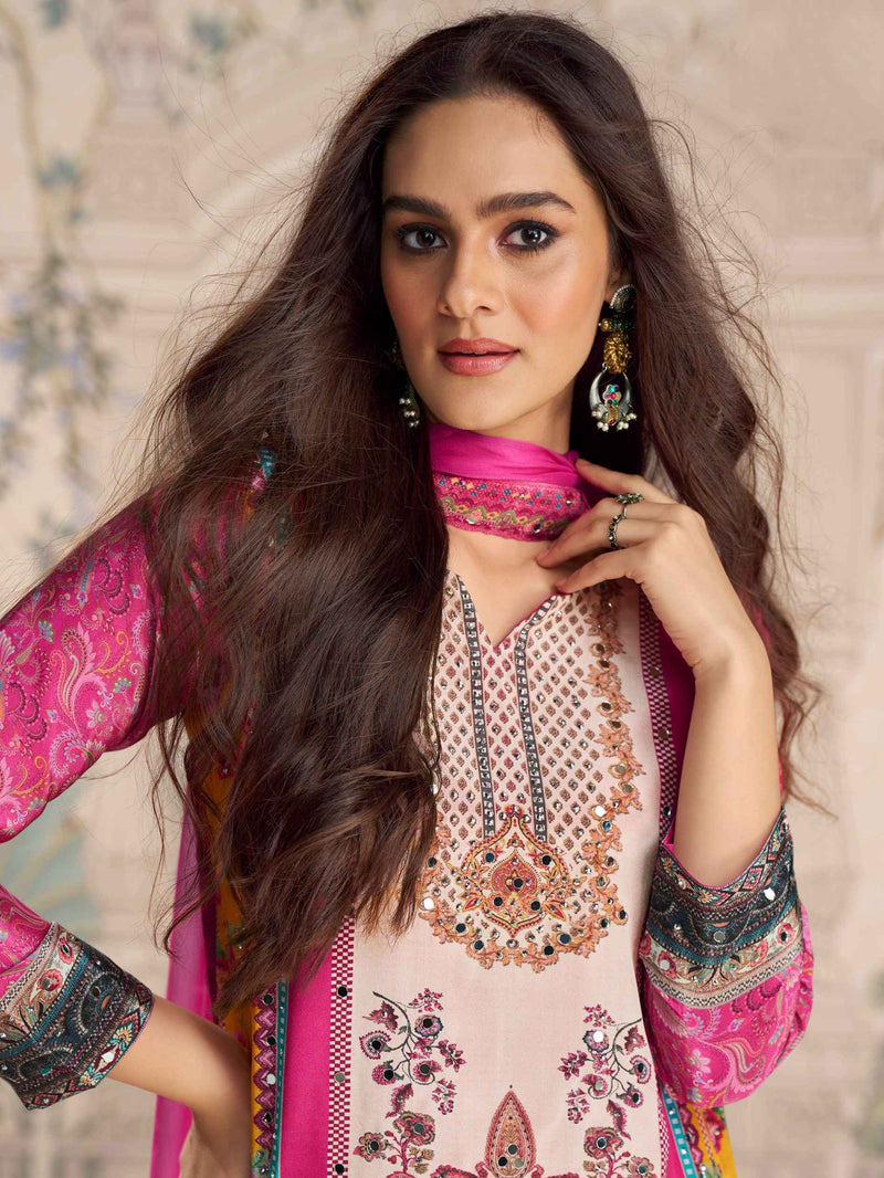 Pink Mirror Work Designer Sharara Suit in Premium Crepe Silk