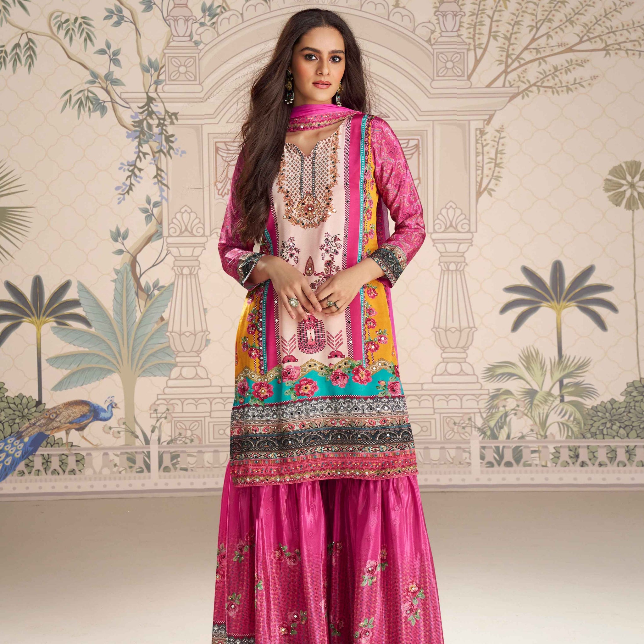 Pink Mirror Work Designer Sharara Suit in Premium Crepe Silk