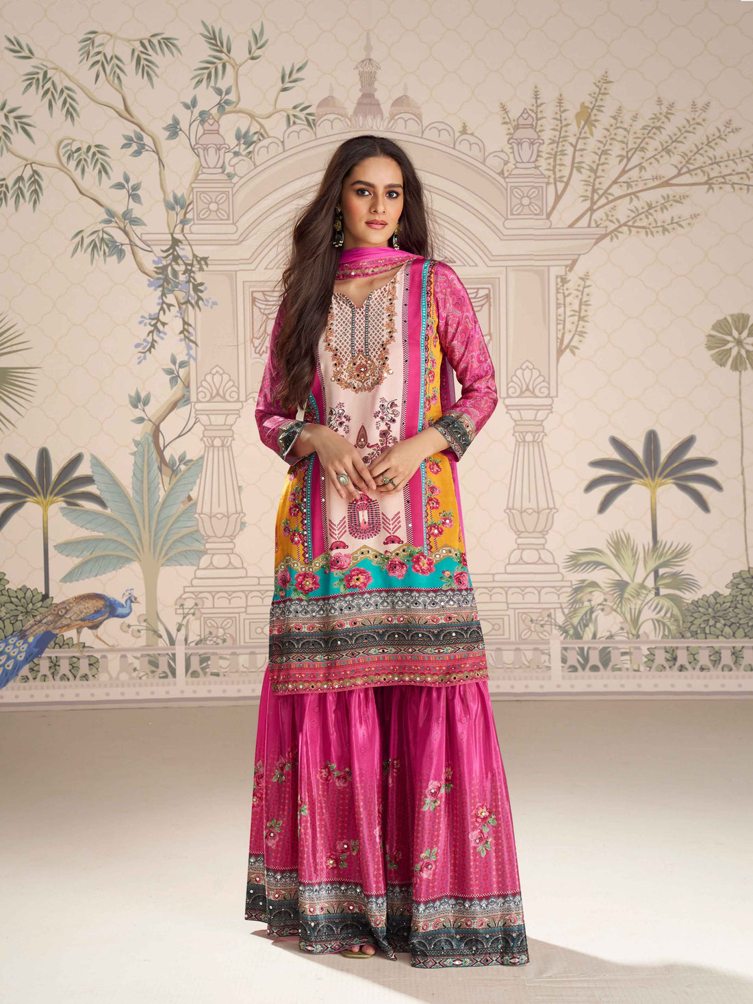 Pink Mirror Work Designer Sharara Suit in Premium Crepe Silk Sharara Suit Anant Tex Exports Pvt.Ltd..