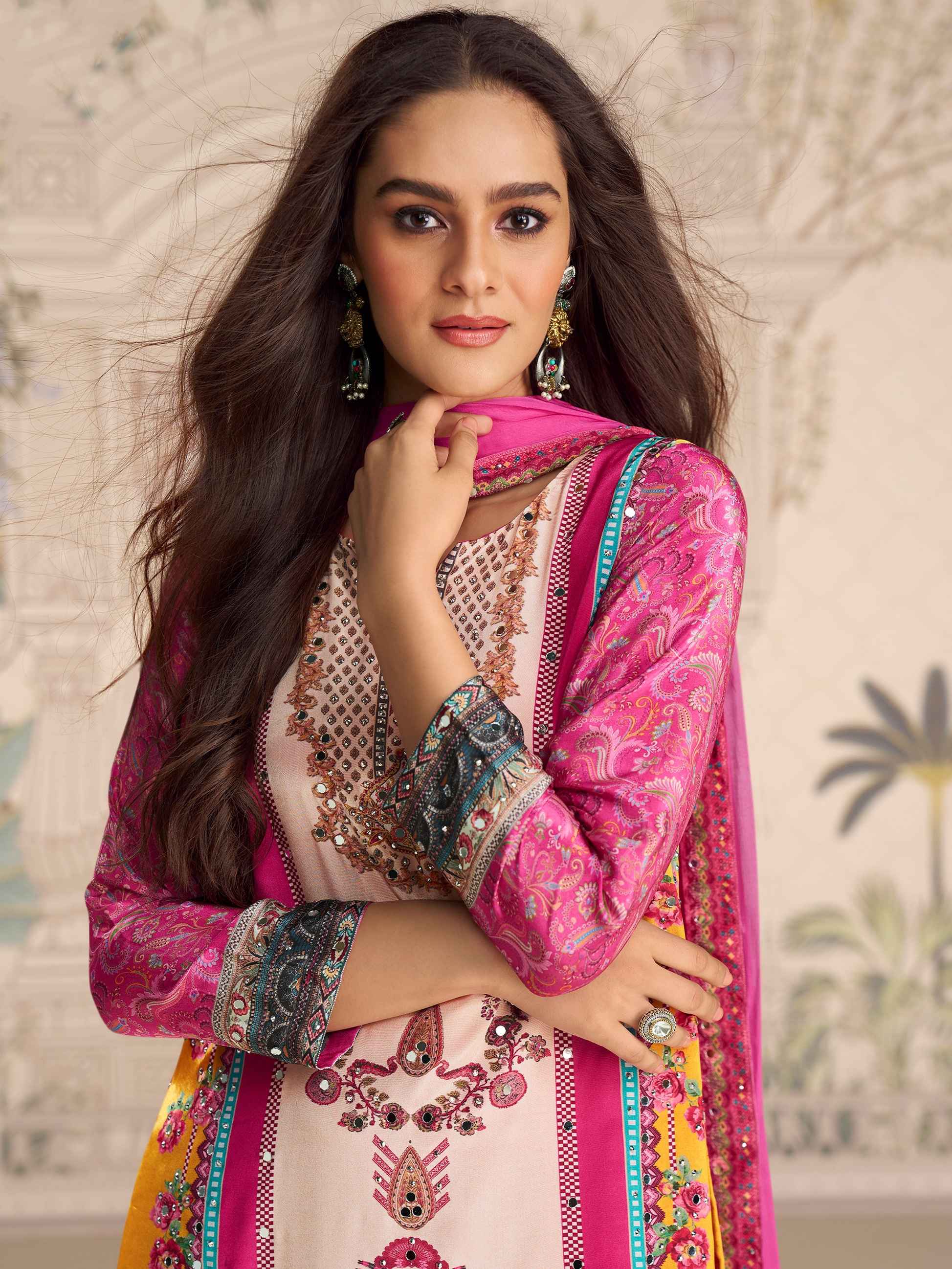 Pink Mirror Work Designer Sharara Suit in Premium Crepe Silk
