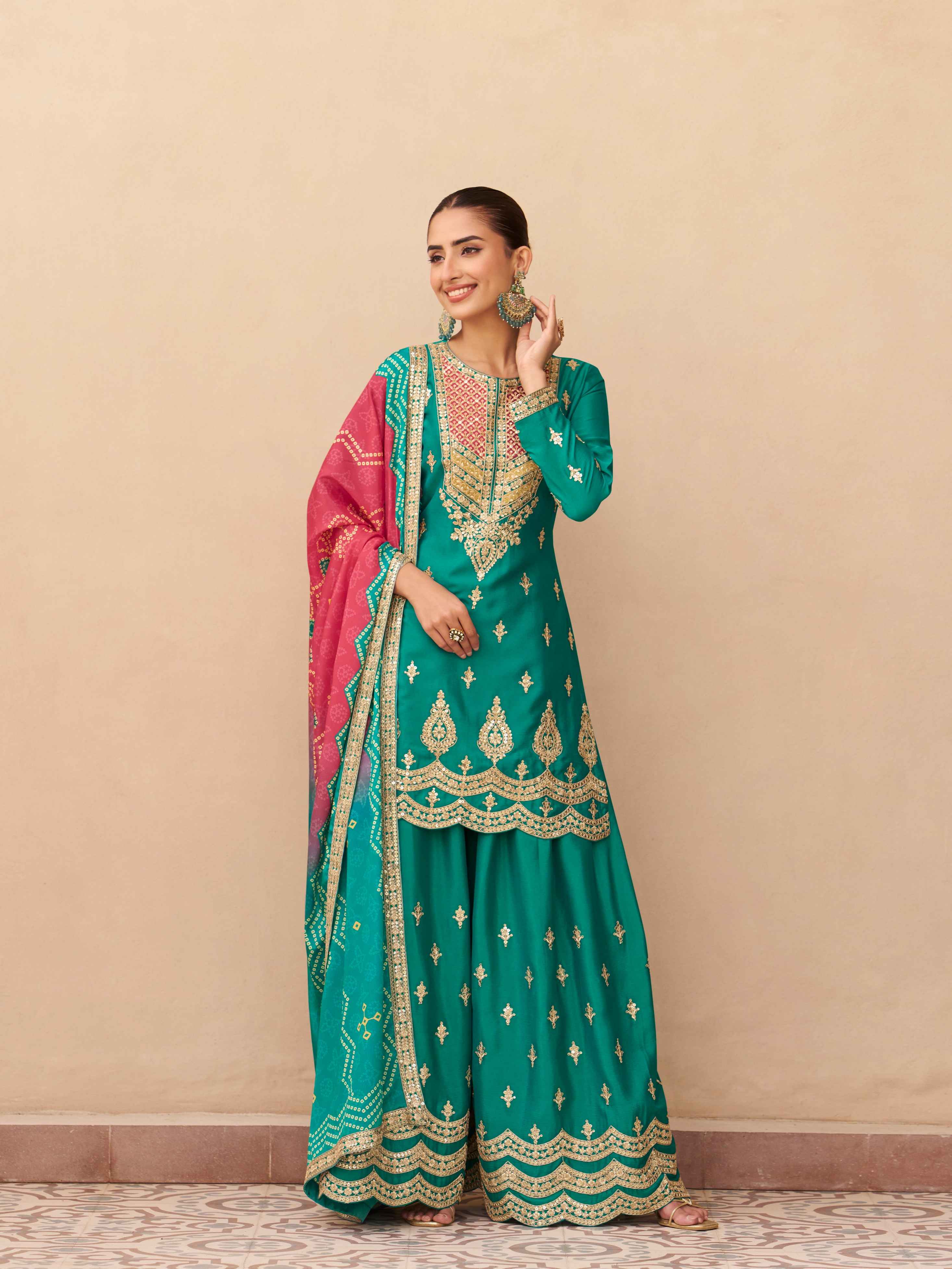 Teal Green Heavy Embroidery Chinnon Silk Palazzo Suit