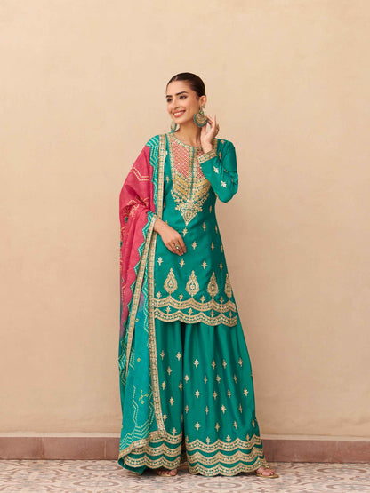 Teal Green Heavy Embroidery Chinnon Silk Palazzo Suit Palazzo Suit Anant Tex Exports Pvt.Ltd..