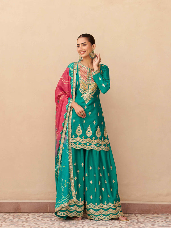 Teal Green Heavy Embroidery Chinnon Silk Palazzo Suit