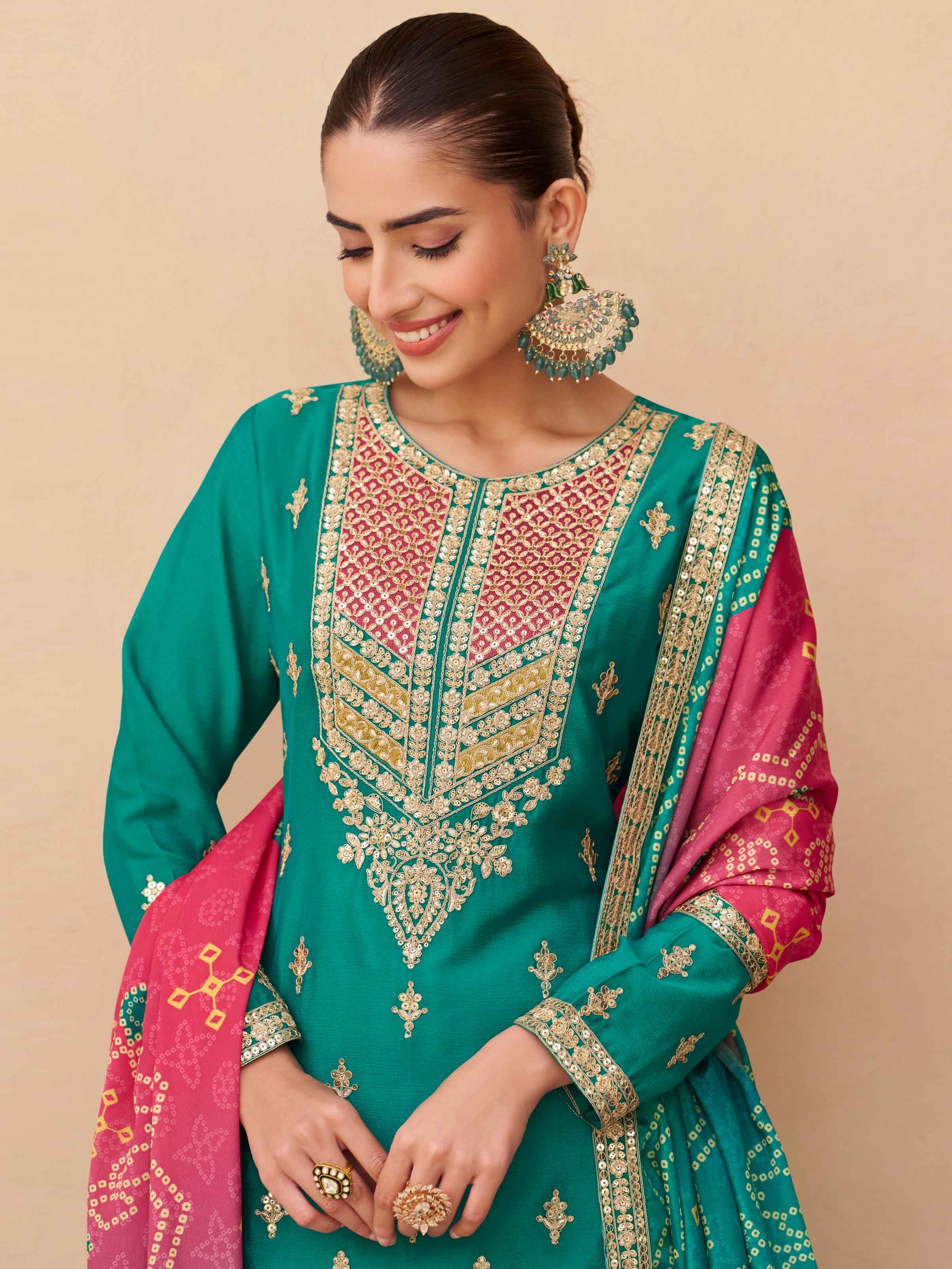 Teal Green Heavy Embroidery Chinnon Silk Palazzo Suit