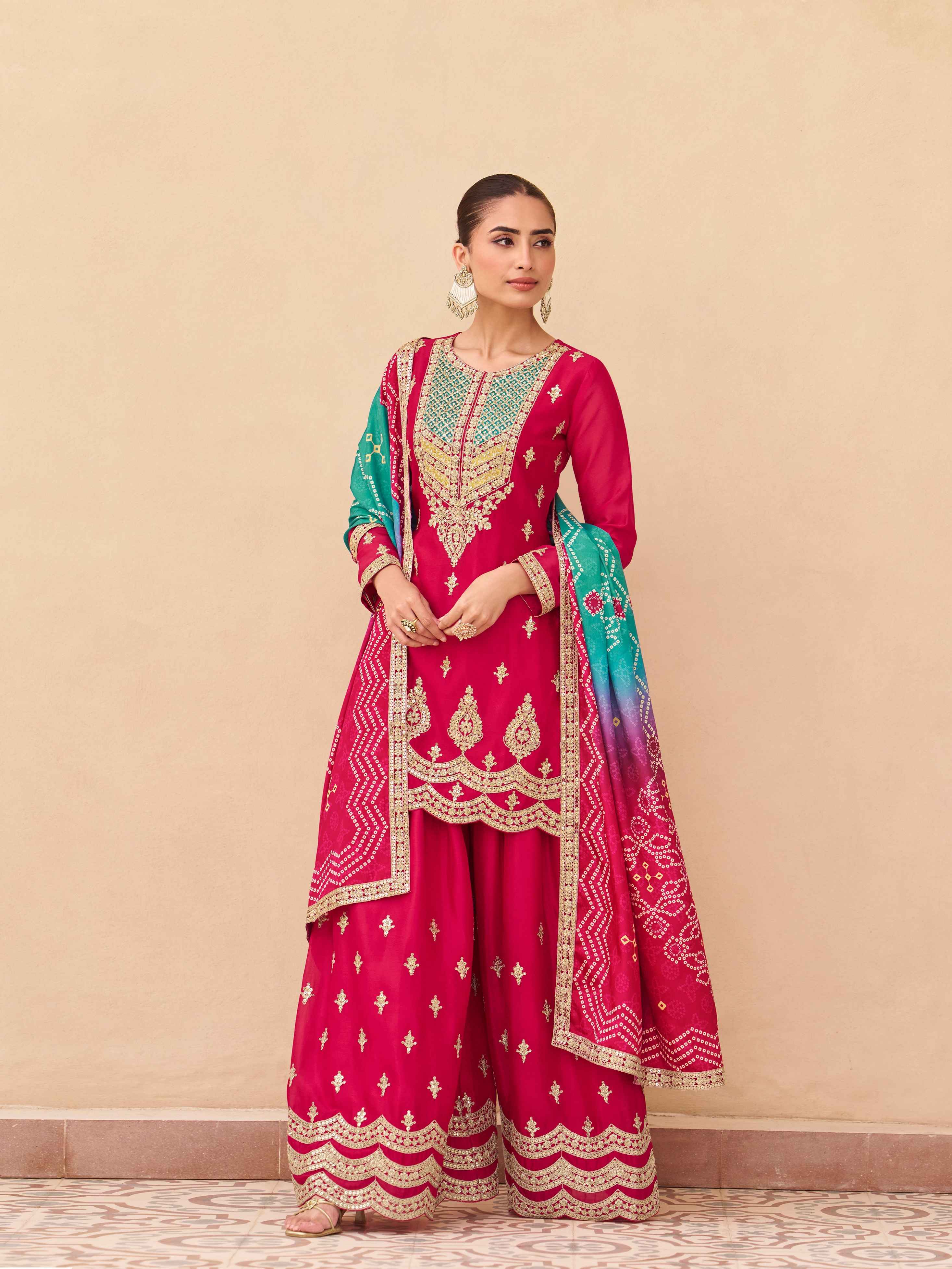 Rani Pink Heavy Embroidery Chinnon Silk Palazzo Suit