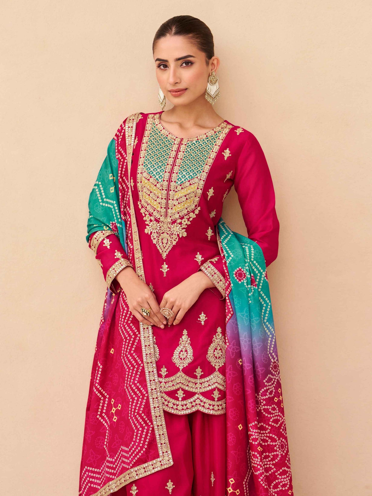 Rani Pink Heavy Embroidery Chinnon Silk Palazzo Suit Palazzo Suit Anant Tex Exports Pvt.Ltd..