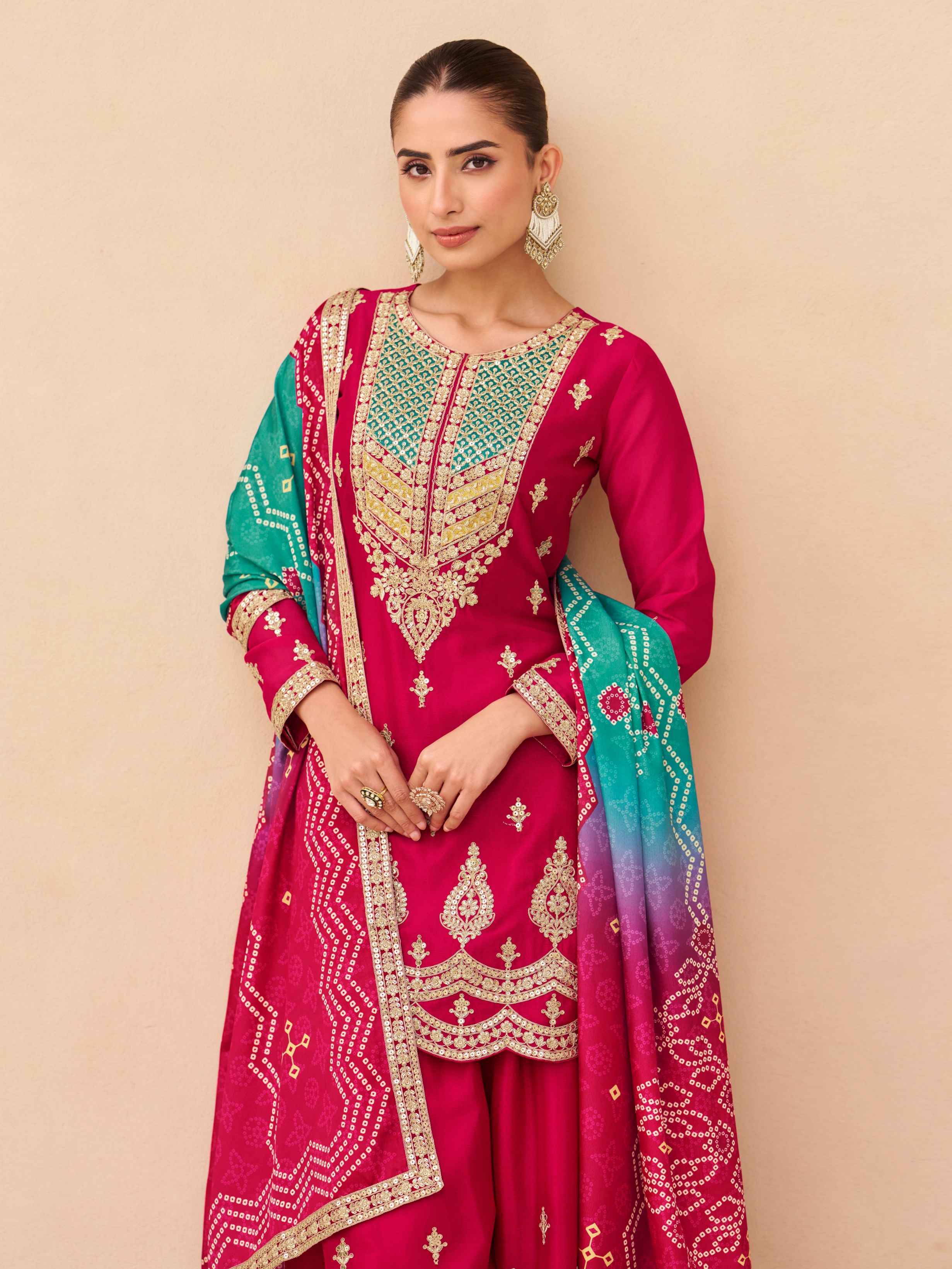 Rani Pink Heavy Embroidery Chinnon Silk Palazzo Suit