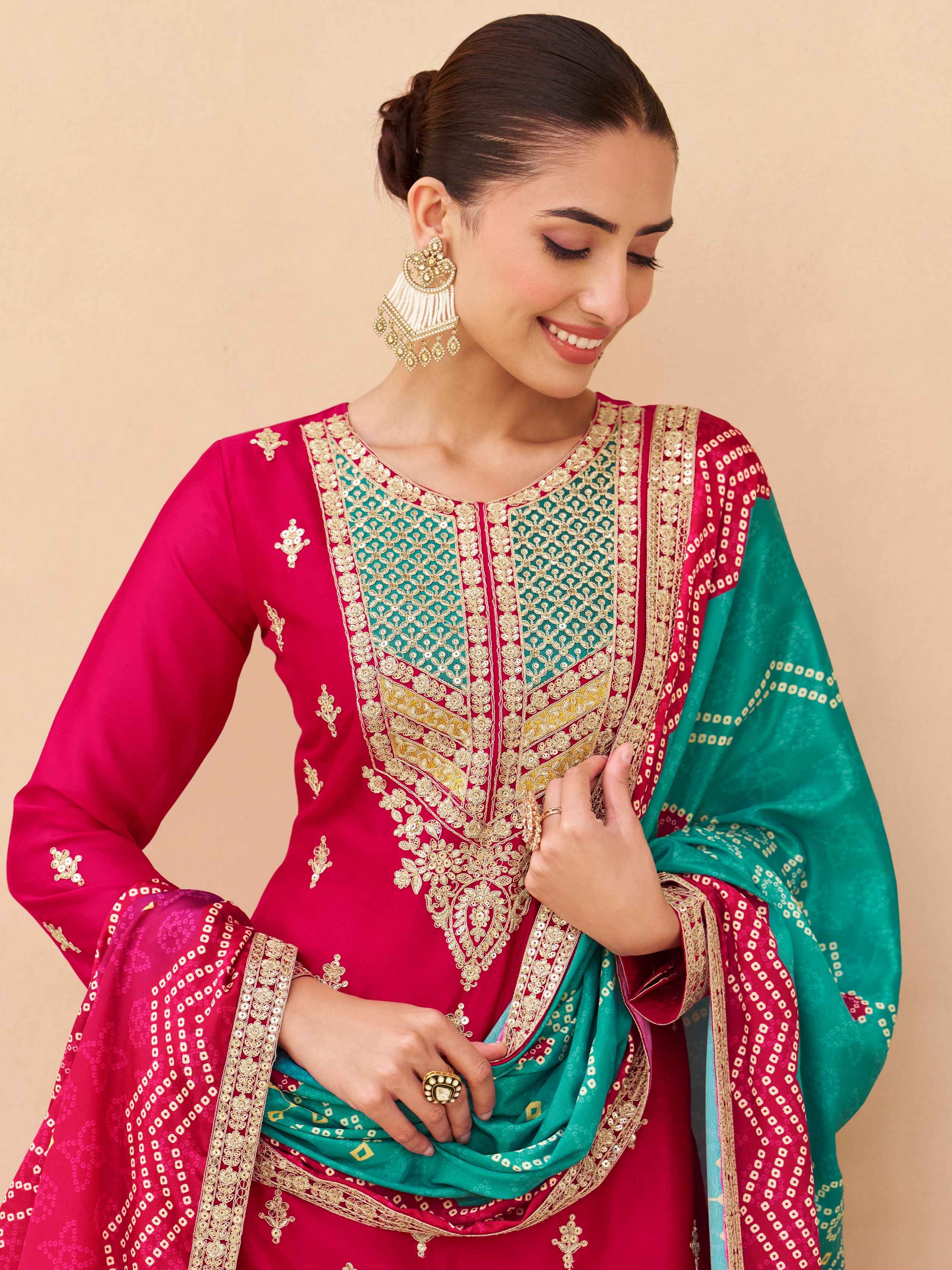 Rani Pink Heavy Embroidery Chinnon Silk Palazzo Suit