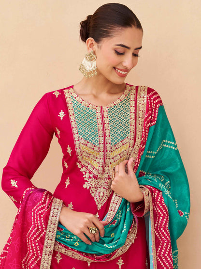 Rani Pink Heavy Embroidery Chinnon Silk Palazzo Suit Palazzo Suit Anant Tex Exports Pvt.Ltd..