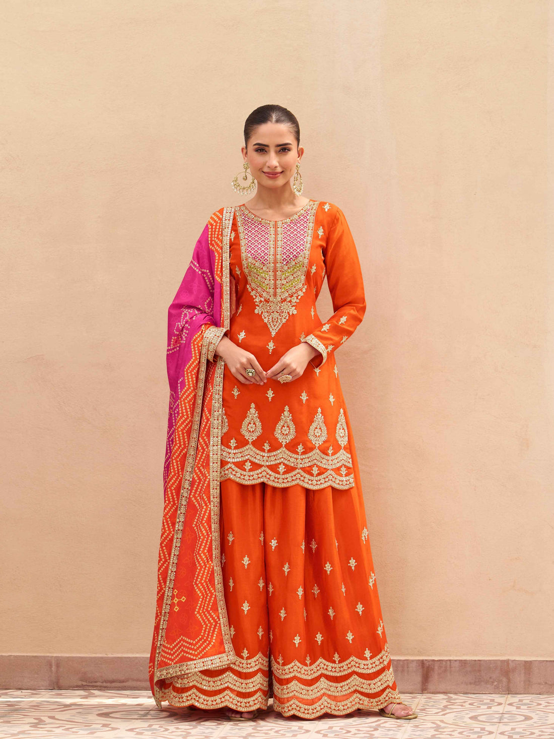 Orange Embroidered Premium Chinnon Silk Palazzo Suit Palazzo Suit Anant Tex Exports Pvt.Ltd..