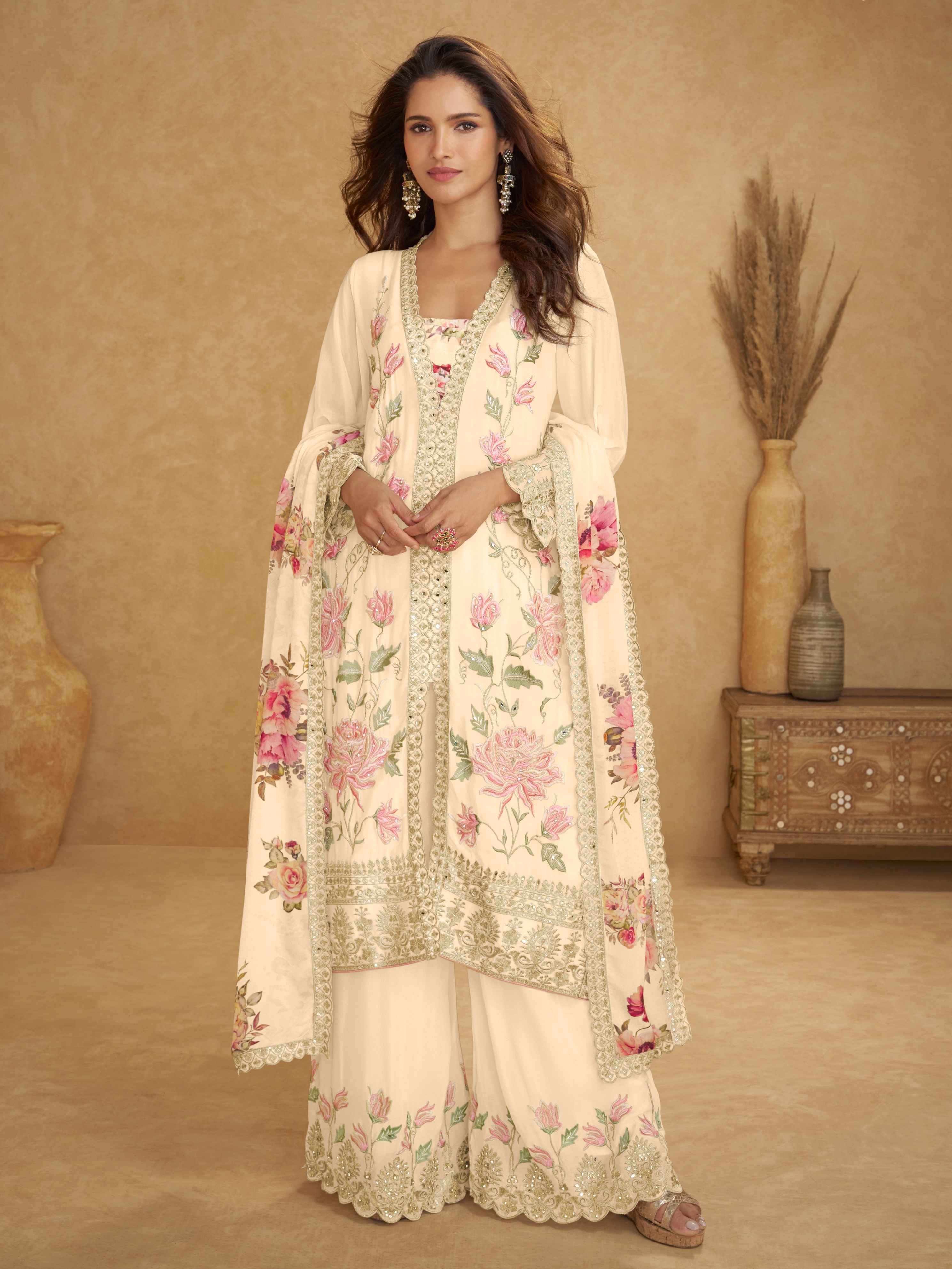 Cream Real Chinon Handwork Palazzo Suit with Floral Digital Dupatta