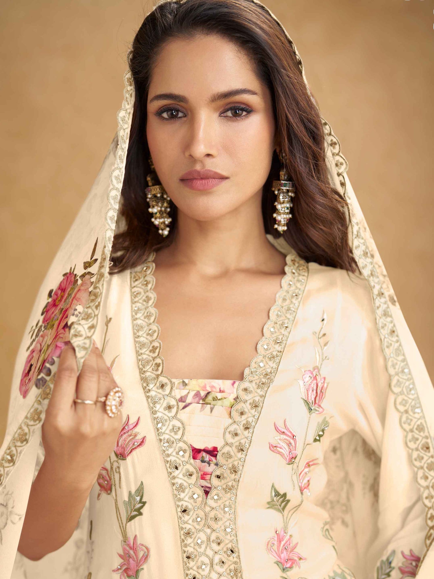 Cream Real Chinon Handwork Palazzo Suit with Floral Digital Dupatta Palazzo Suit Anant Tex Exports Pvt.Ltd..