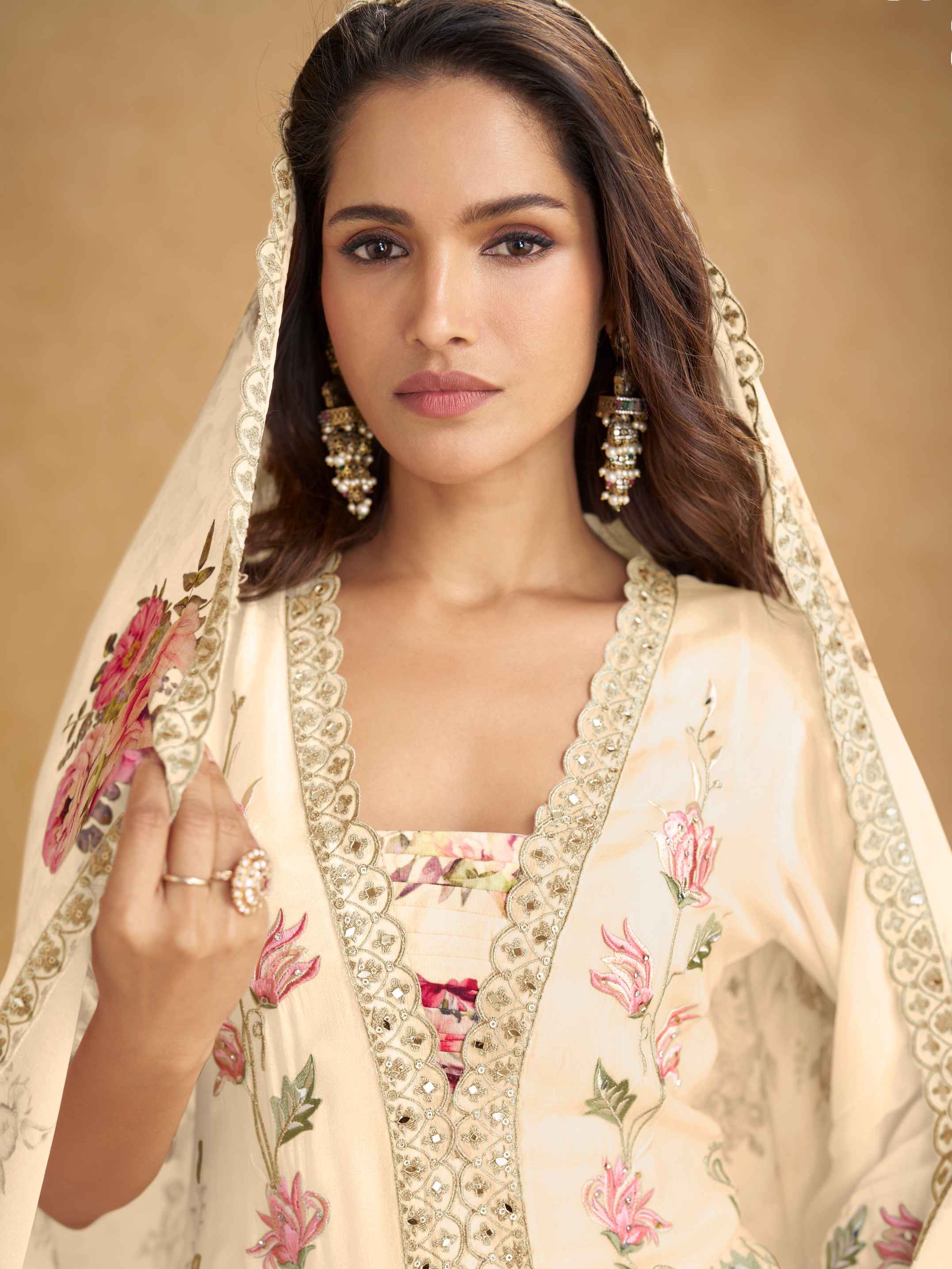 Cream Real Chinon Handwork Palazzo Suit with Floral Digital Dupatta Palazzo Suit Anant Tex Exports Pvt.Ltd..