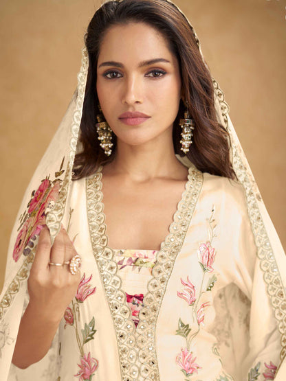 Cream Real Chinon Handwork Palazzo Suit with Floral Digital Dupatta Palazzo Suit Anant Tex Exports Pvt.Ltd..