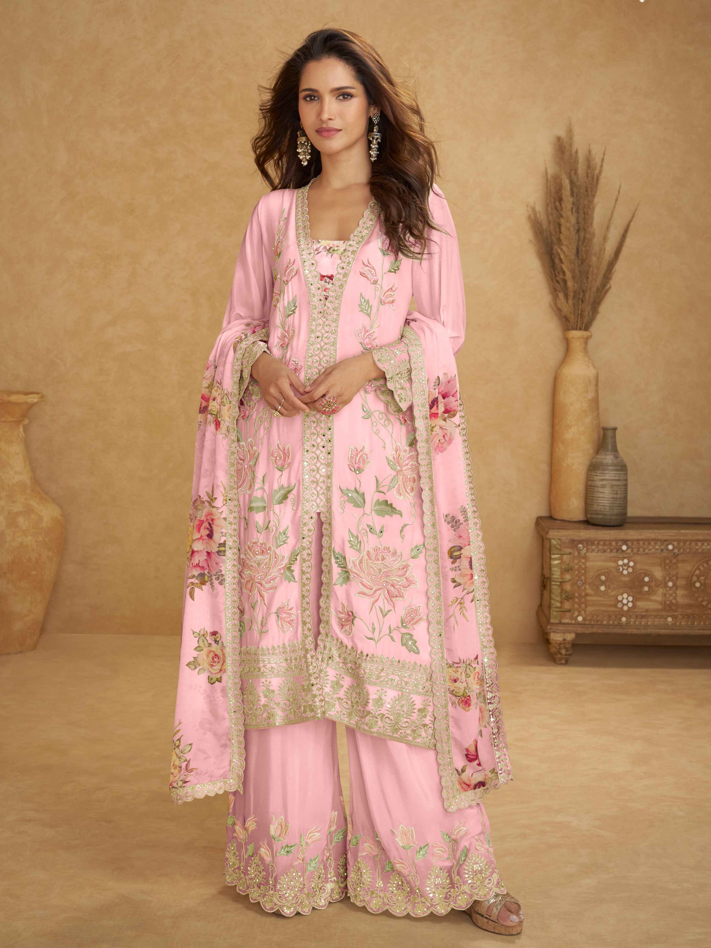 Baby Pink Real Chinon Embroidered Palazzo Suit with Digital Dupatta Palazzo Suit Anant Tex Exports Pvt.Ltd..