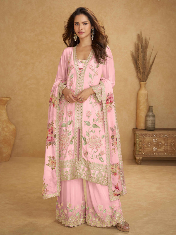Baby Pink Real Chinon Embroidered Palazzo Suit with Digital Dupatta