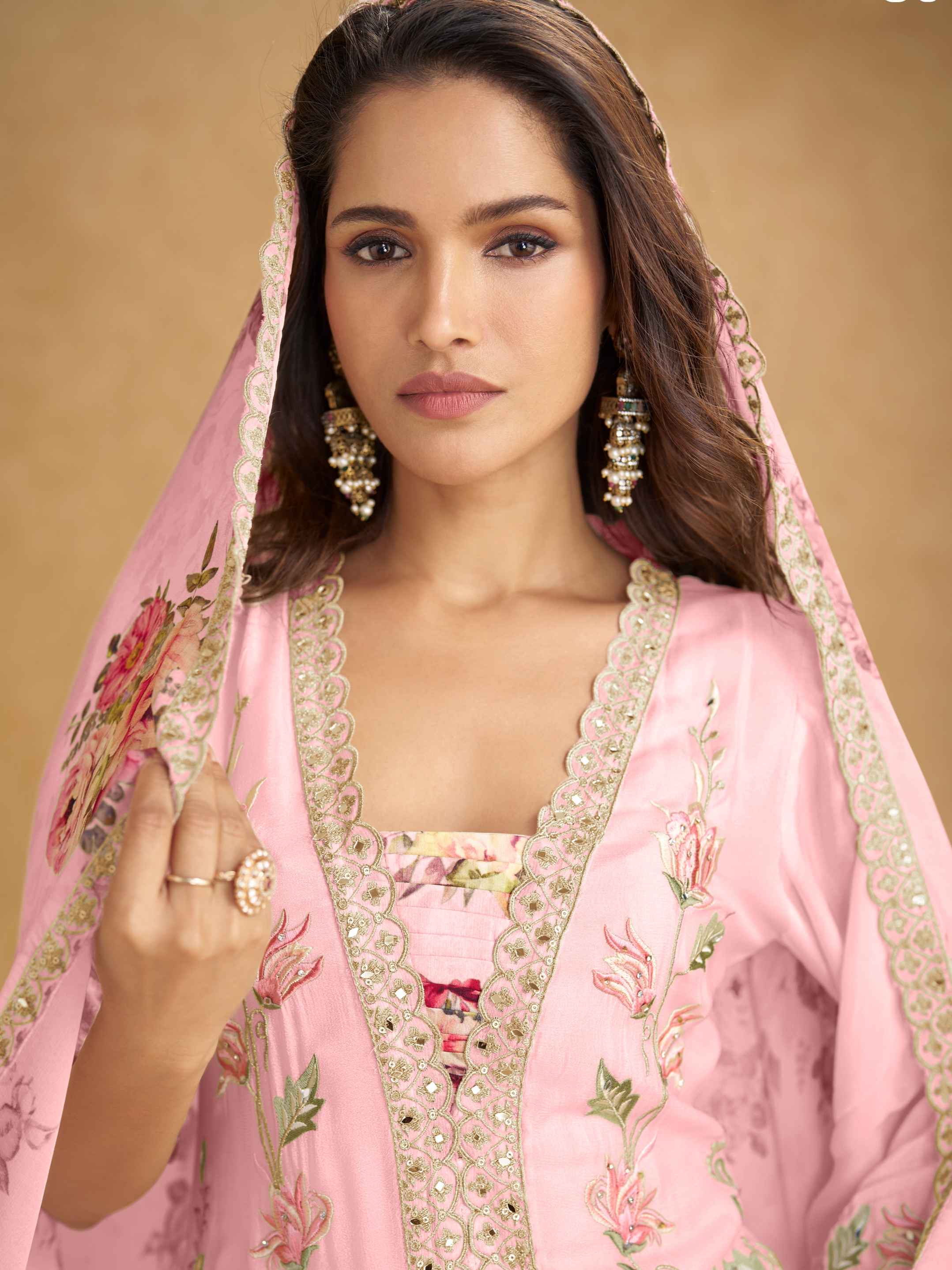 Baby Pink Real Chinon Embroidered Palazzo Suit with Digital Dupatta