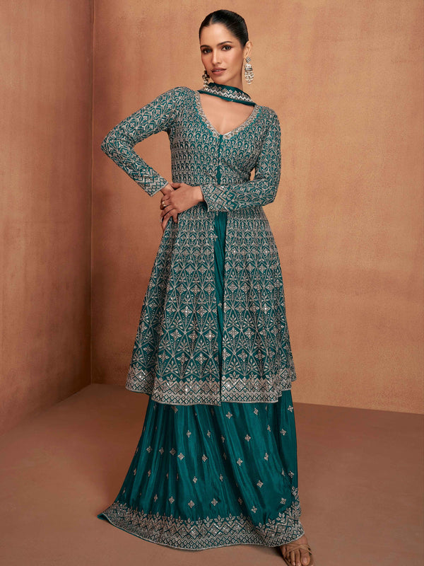 Teal Green Real Chinon Embroidered Palazzo Suit with Dupatta