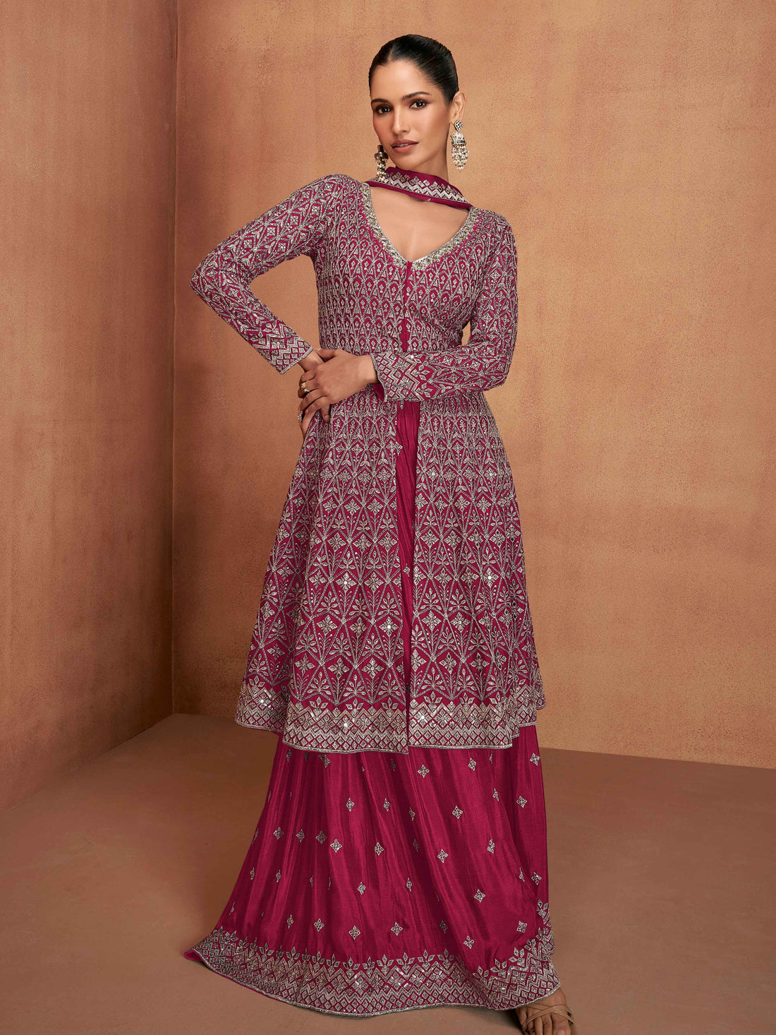 Rani Pink Real Chinon Festive Embroidered Palazzo Suit Palazzo Suit Anant Tex Exports Pvt.Ltd..