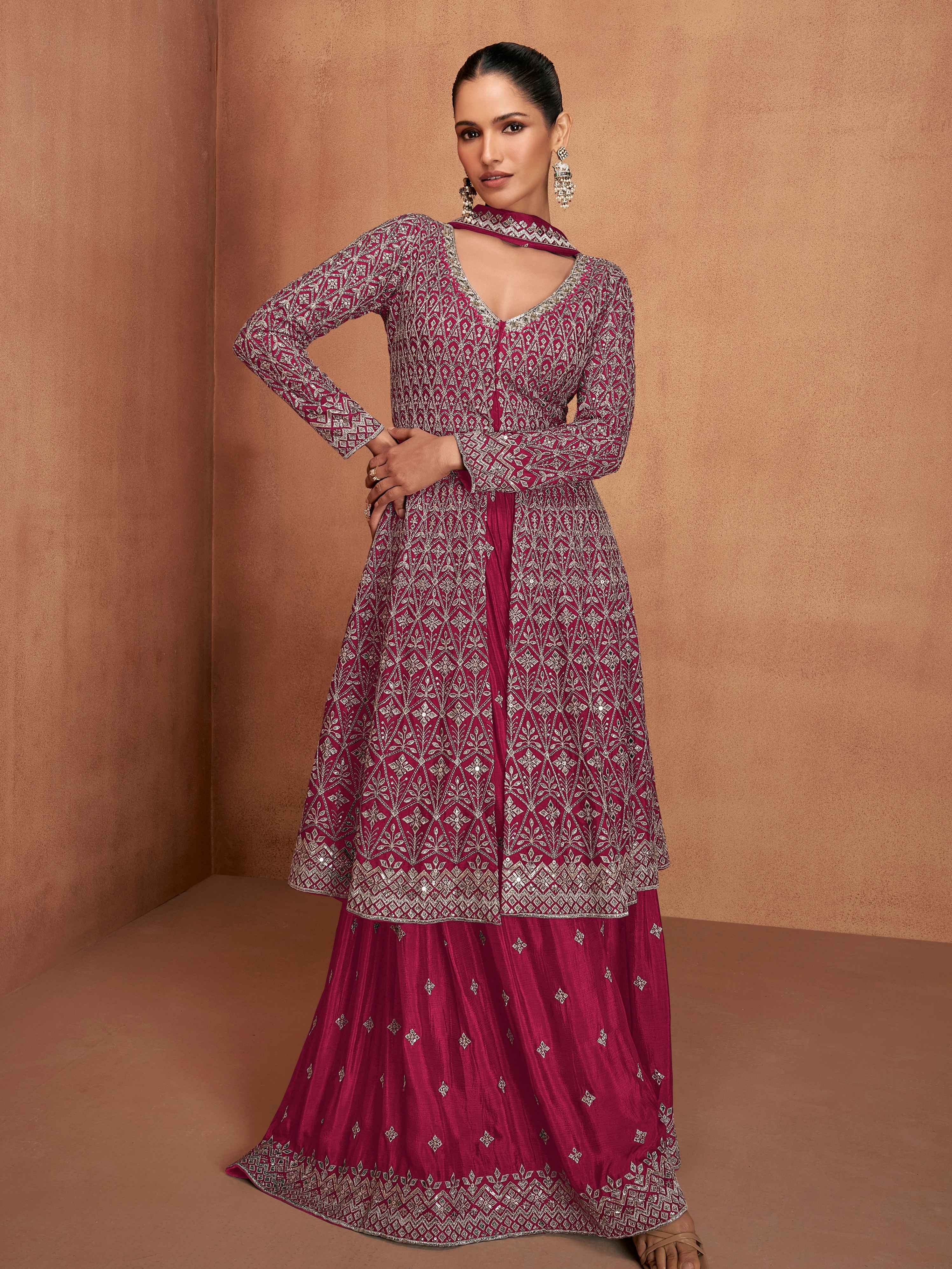 Rani Pink Real Chinon Festive Embroidered Palazzo Suit