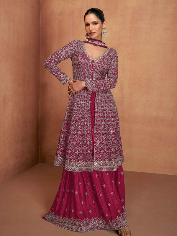 Rani Pink Real Chinon Festive Embroidered Palazzo Suit
