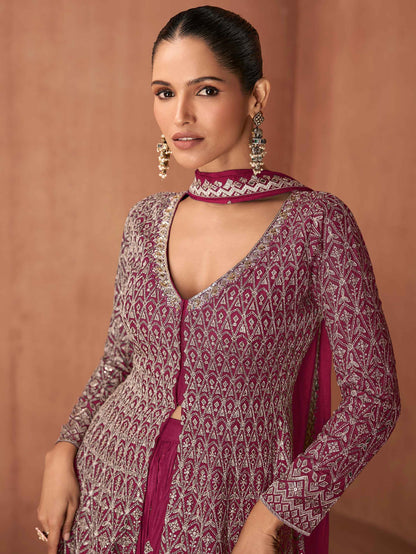 Rani Pink Real Chinon Festive Embroidered Palazzo Suit Palazzo Suit Anant Tex Exports Pvt.Ltd..