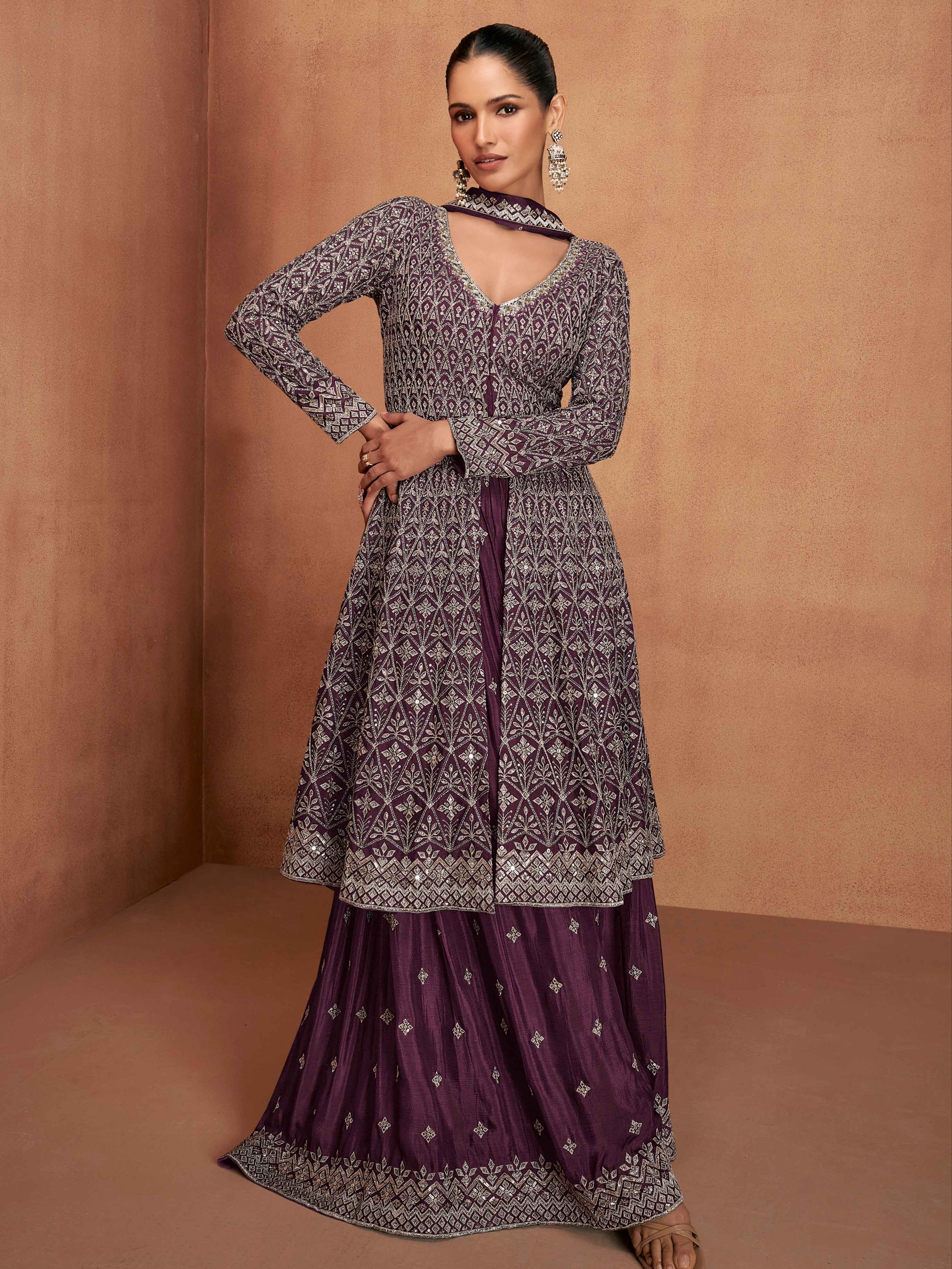 Plum Purple Real Chinon Embroidered Palazzo Suit