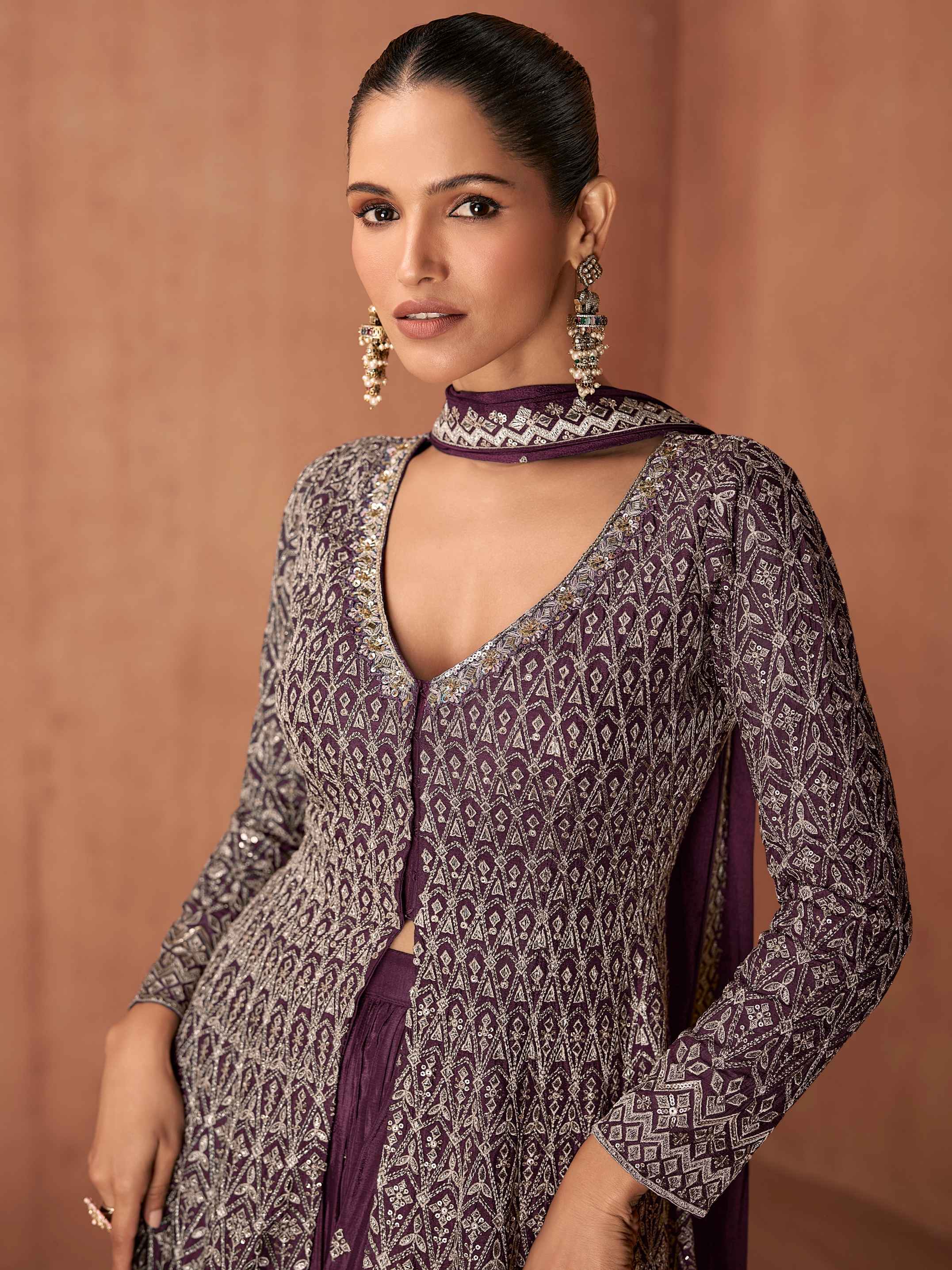 Plum Purple Real Chinon Embroidered Palazzo Suit