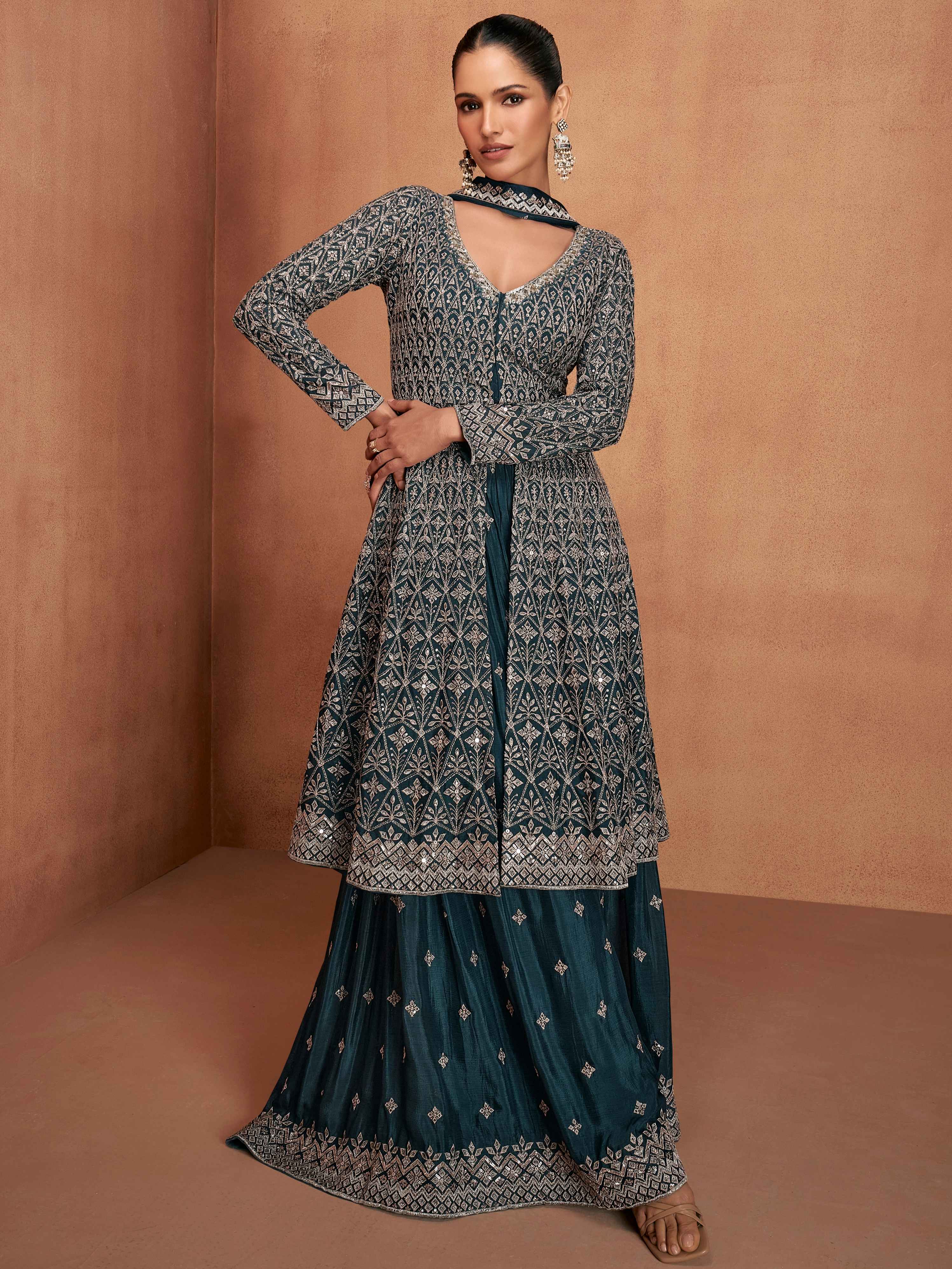 Green Real Chinon Embroidered Palazzo Suit with Dupatta