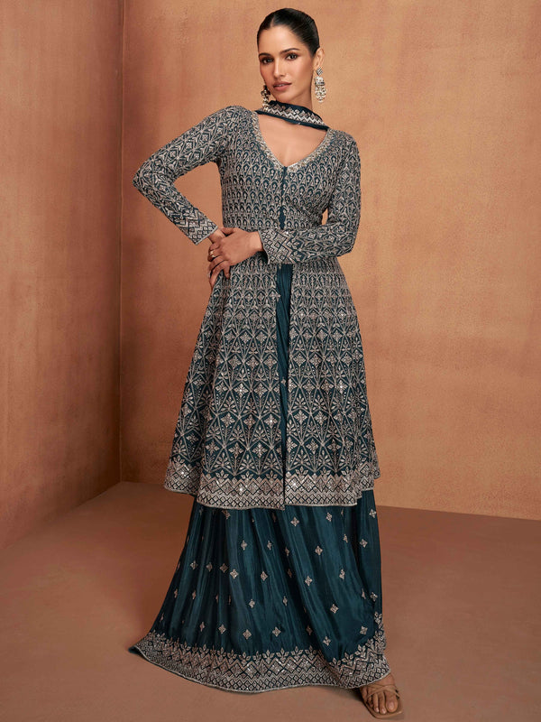 Green Real Chinon Embroidered Palazzo Suit with Dupatta