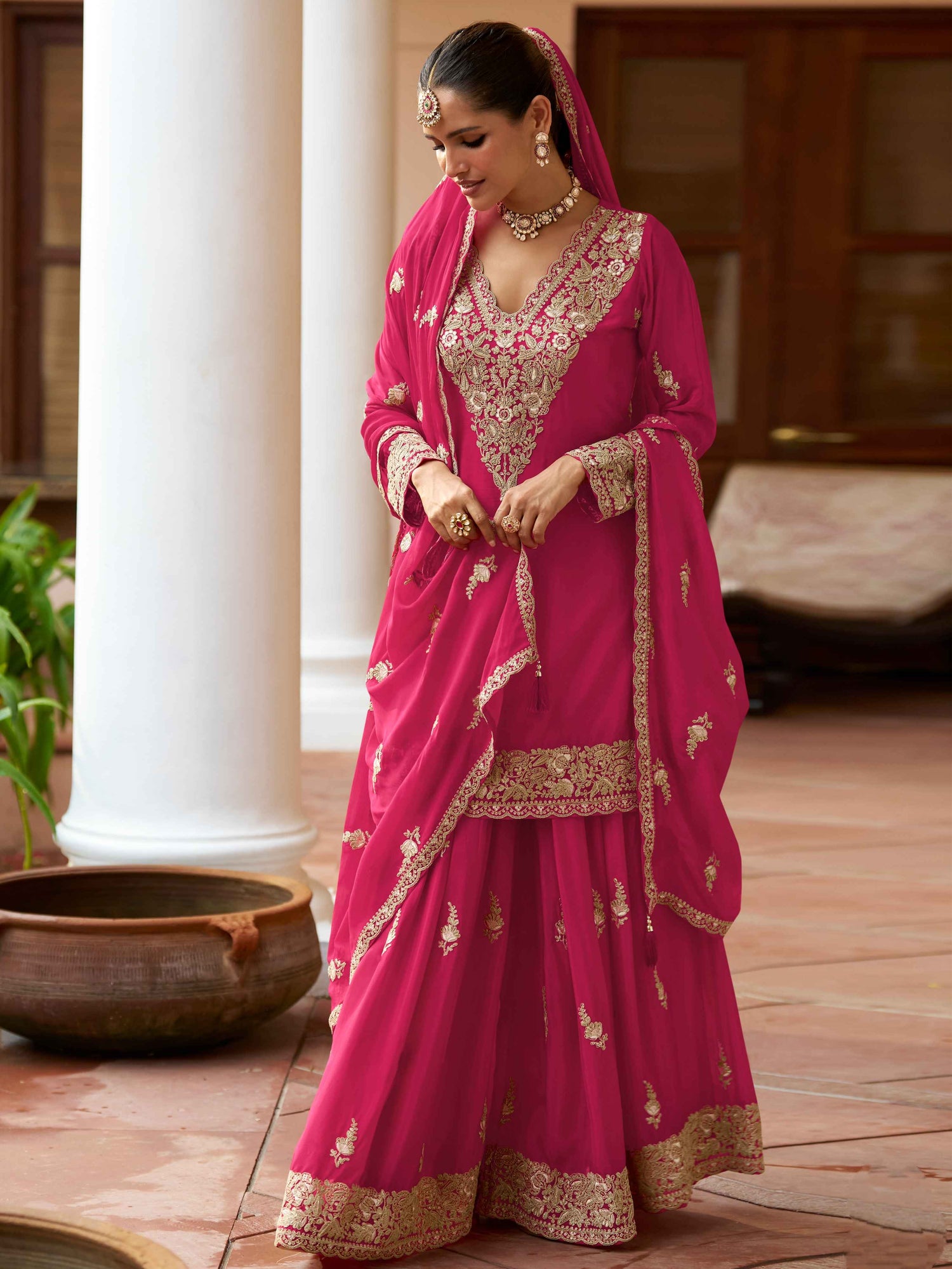 Pink Real Chinon Heavy Embroidered Sharara Suit with Dupatta Sharara Suit Anant Tex Exports Pvt.Ltd..