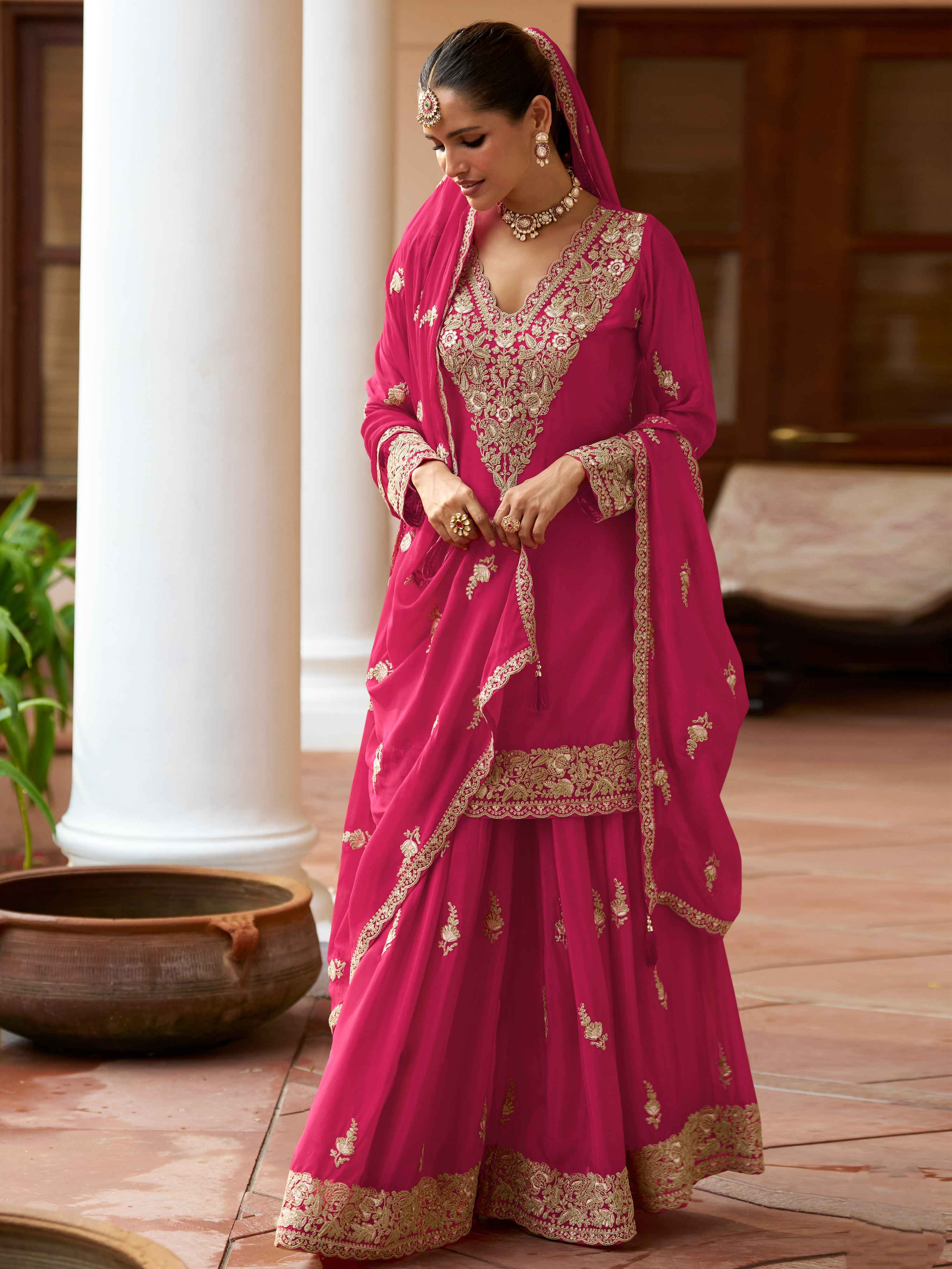 Pink Real Chinon Heavy Embroidered Sharara Suit with Dupatta