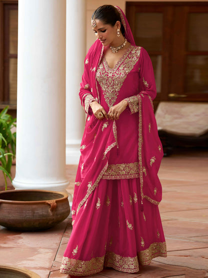 Pink Real Chinon Heavy Embroidered Sharara Suit with Dupatta Sharara Suit Anant Tex Exports Pvt.Ltd..