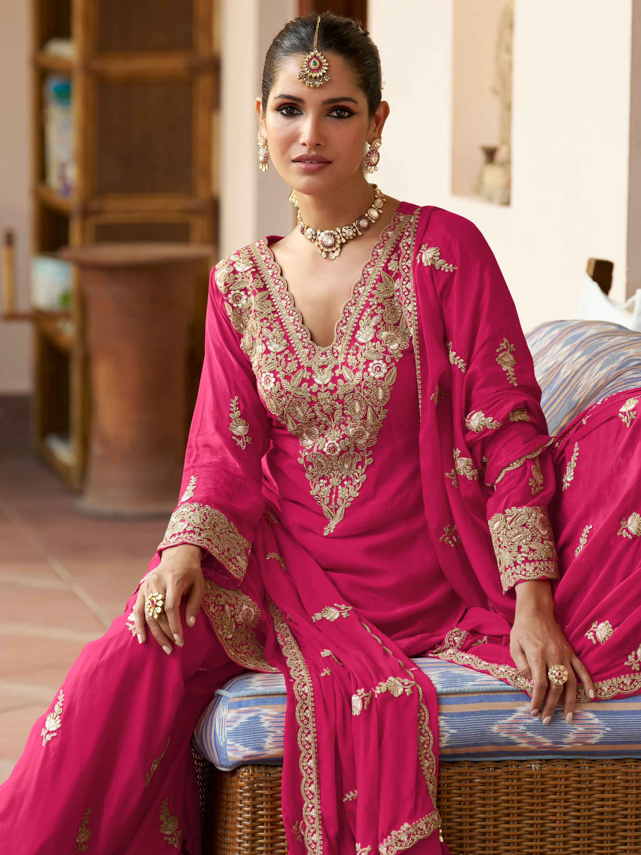 Pink Real Chinon Heavy Embroidered Sharara Suit with Dupatta