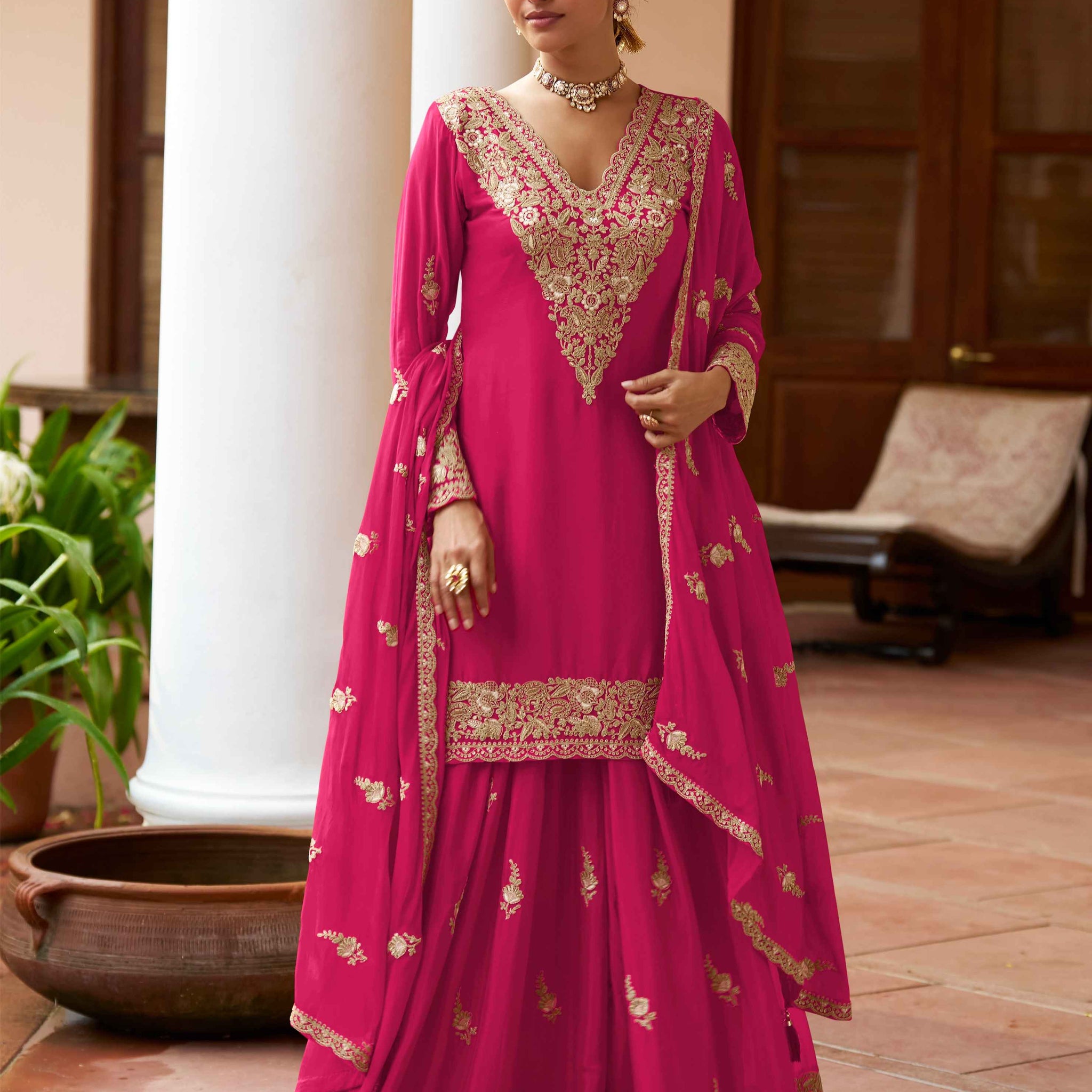 Pink Real Chinon Heavy Embroidered Sharara Suit with Dupatta