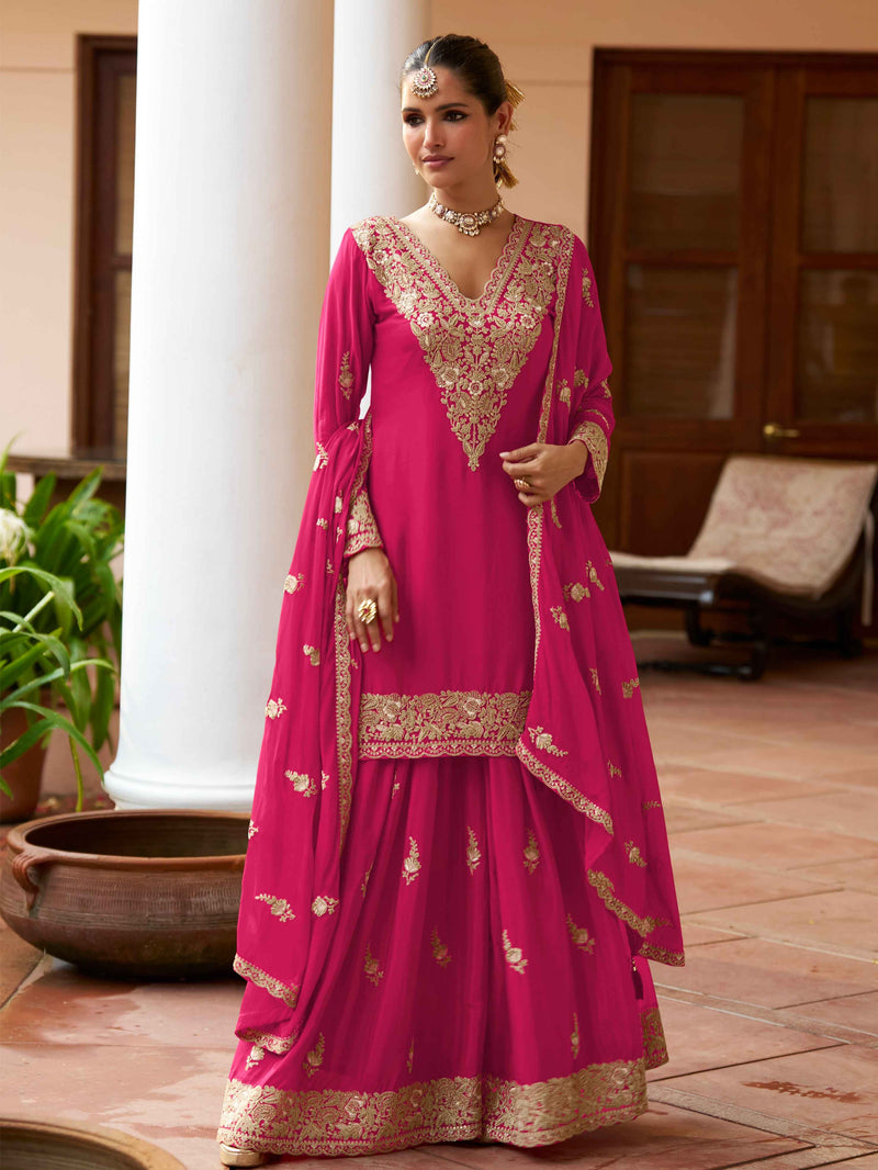 Pink Real Chinon Heavy Embroidered Sharara Suit with Dupatta