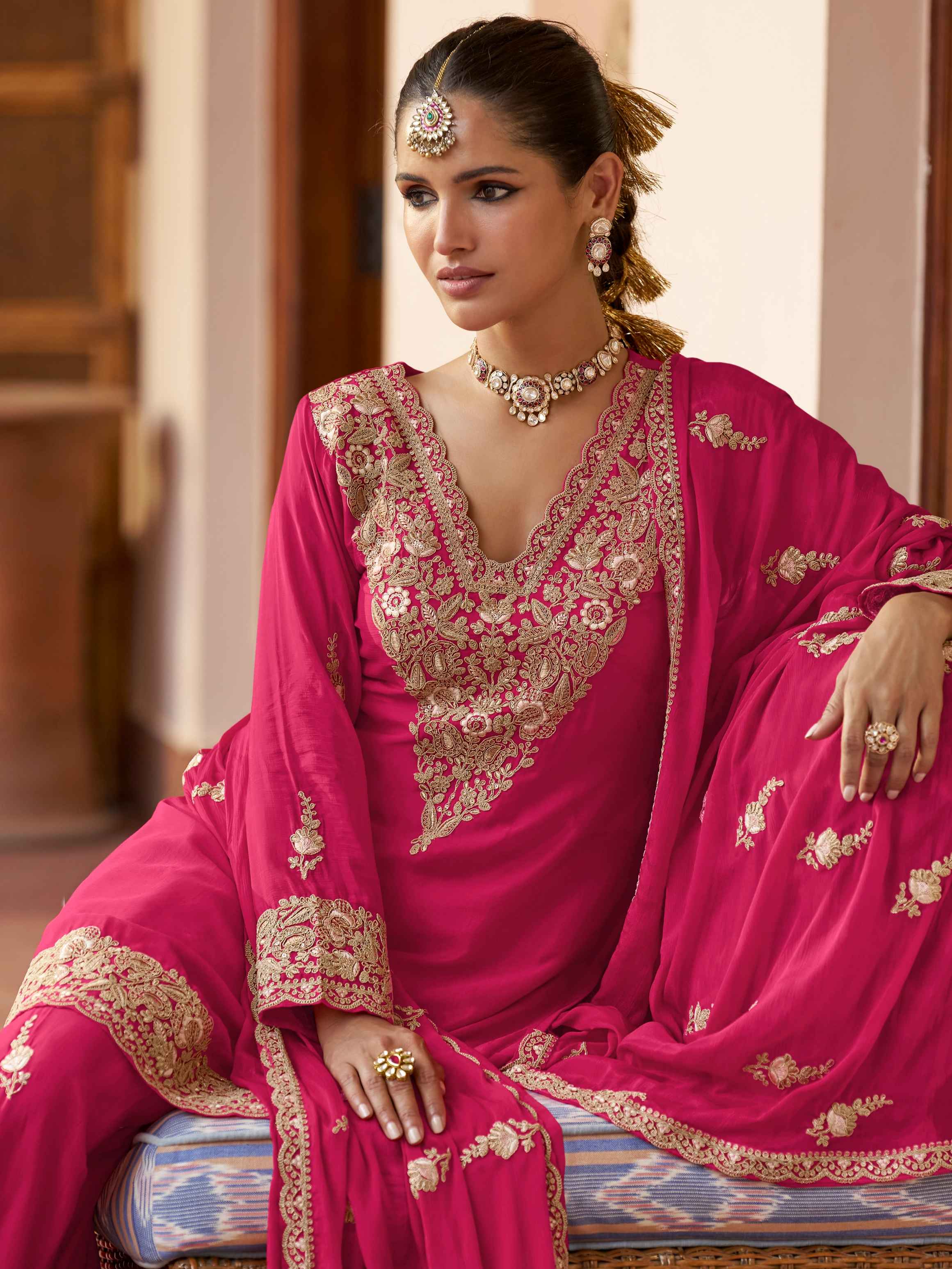 Pink Real Chinon Heavy Embroidered Sharara Suit with Dupatta