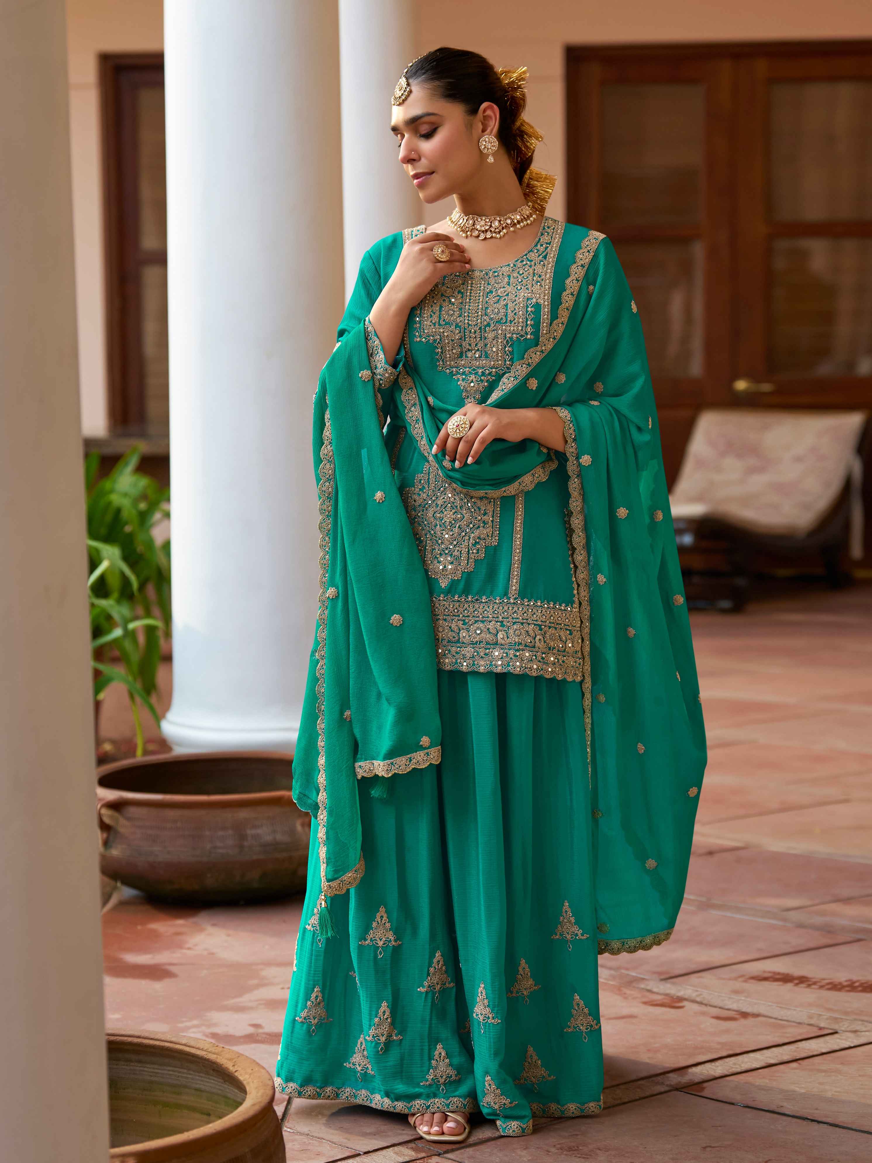 Green Real Chinon Embroidered Sharara Suit with Dupatta