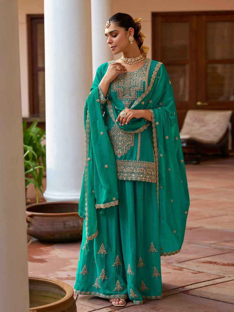 Green Real Chinon Embroidered Sharara Suit with Dupatta