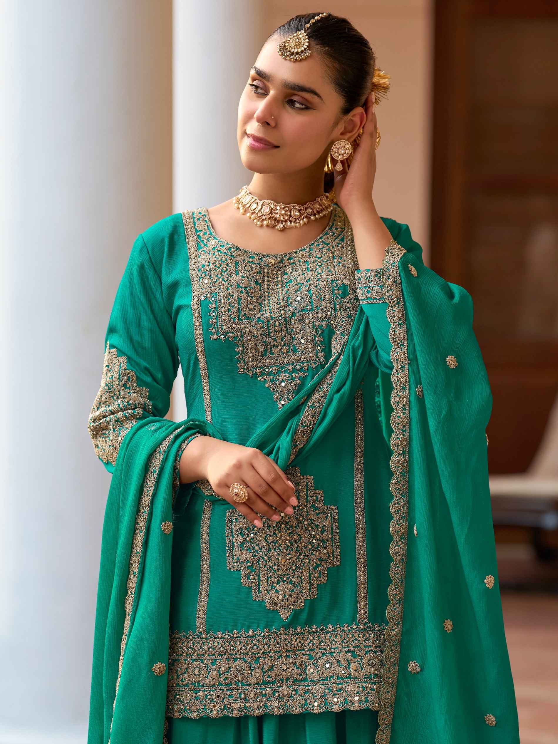 Green Real Chinon Embroidered Sharara Suit with Dupatta