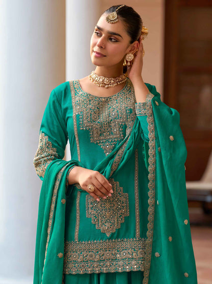 Green Real Chinon Embroidered Sharara Suit with Dupatta Sharara Suit Anant Tex Exports Pvt.Ltd..
