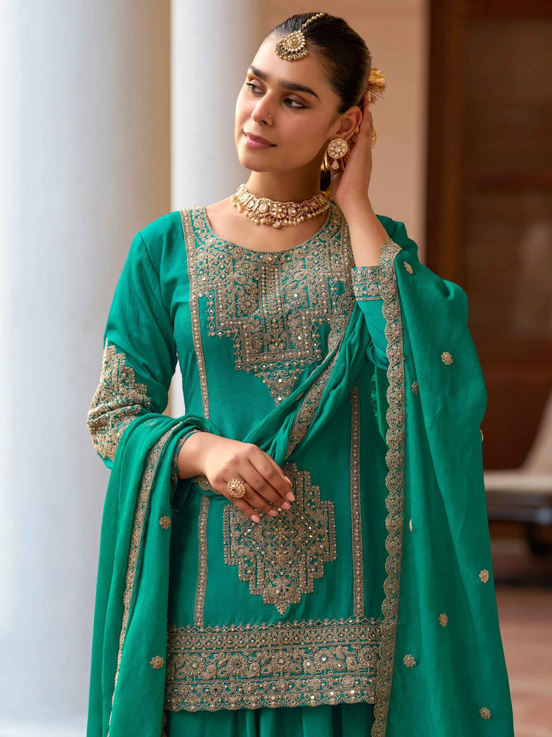 Green Real Chinon Embroidered Sharara Suit with Dupatta